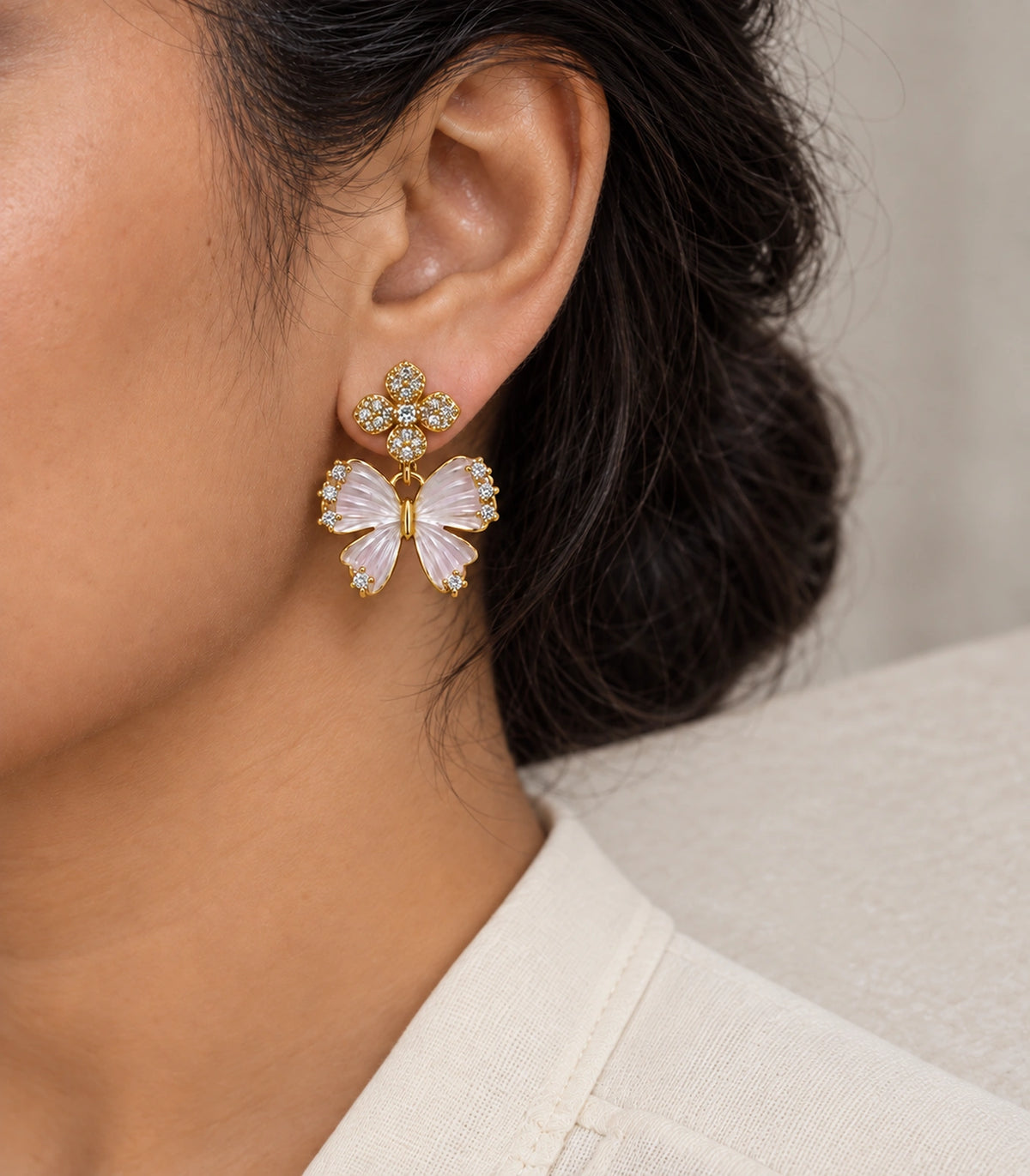 JIMIKI Butterfly Crystal Flower Drop Earring Pair in Gold tone/Pink, close-up detail #color_gold tone/pink