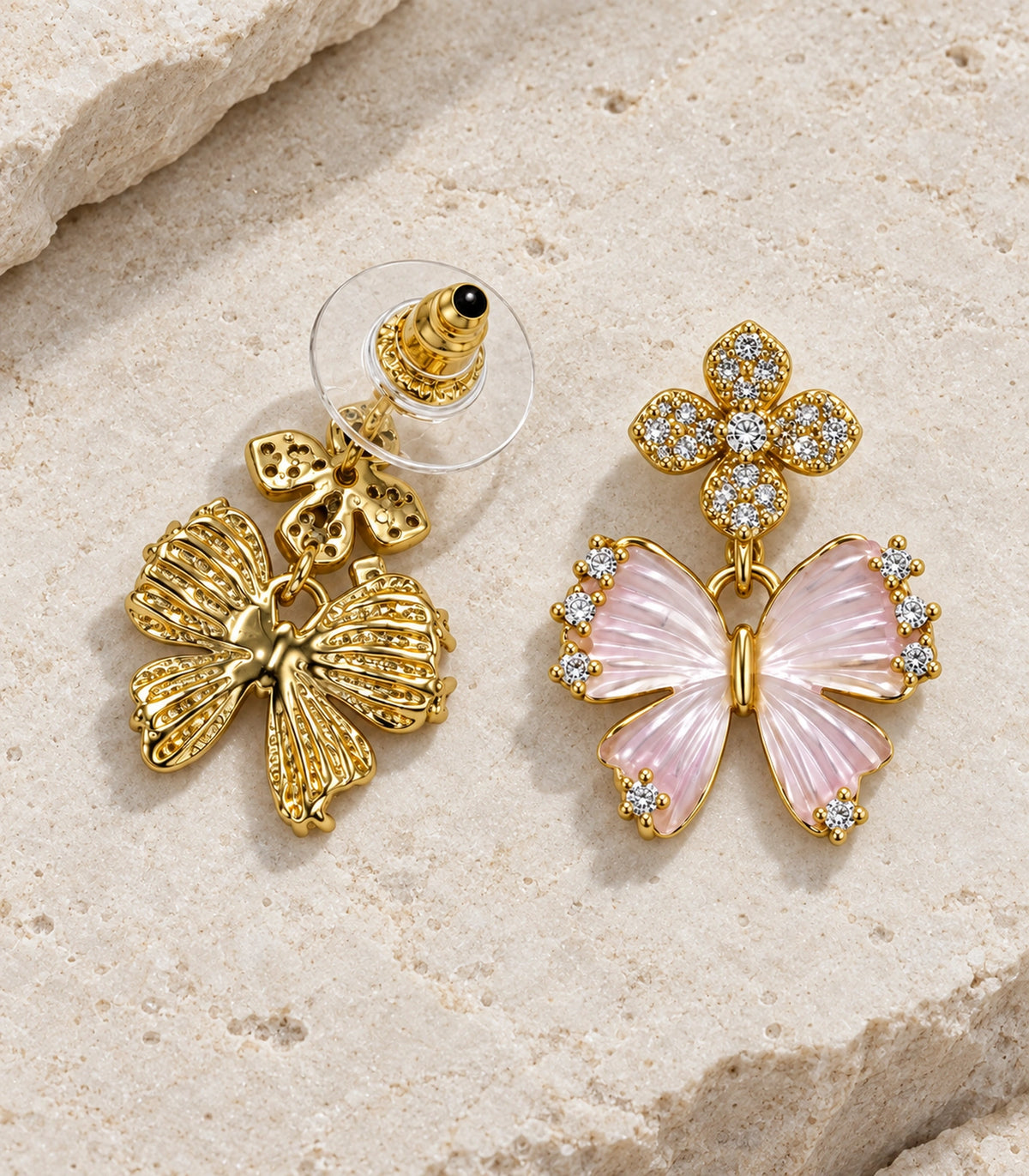 JIMIKI Butterfly Crystal Flower Drop Earring Pair in Gold tone/Pink, editorial flat lay #color_gold tone/pink