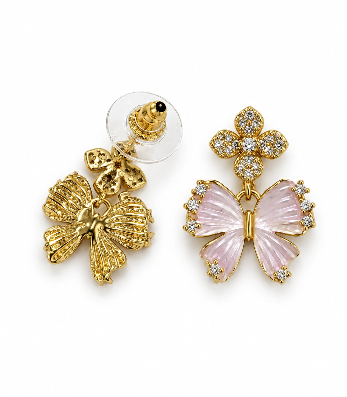 JIMIKI Butterfly Crystal Flower Drop Earring Pair in Gold tone/Pink, white background product view #color_gold tone/pink
