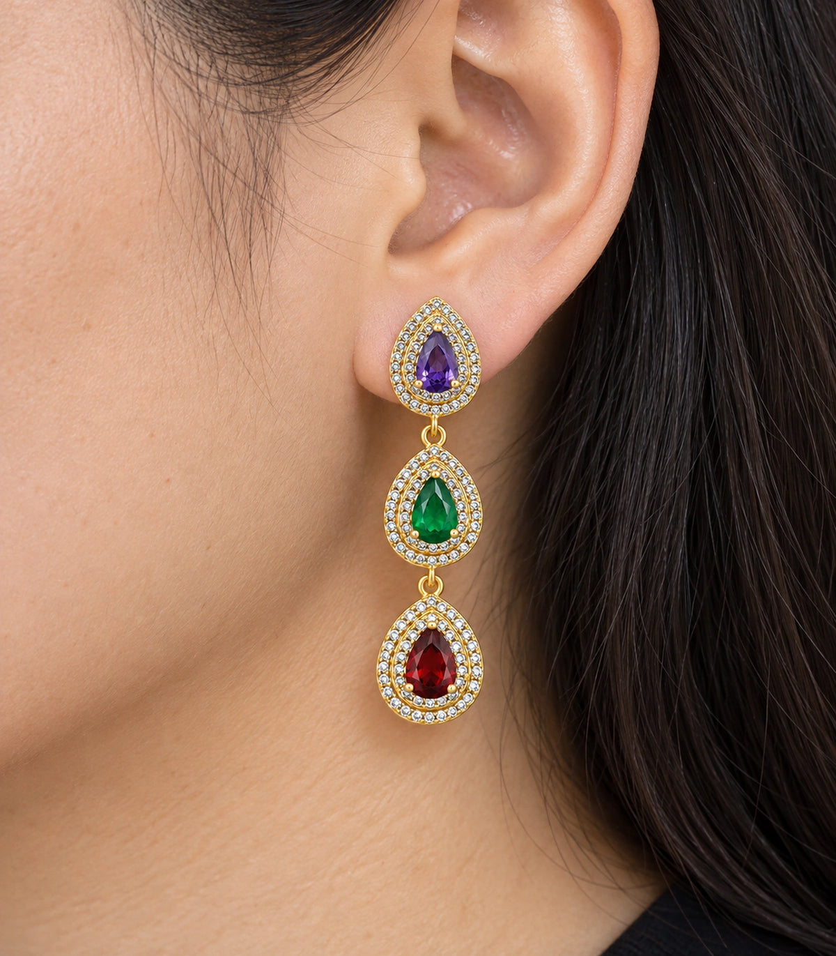 JIMIKI Gold-Tone Purple Green Red Triple-Teardrop Halo Earrings in Gold Tone / Purple, Green & Red, close-up detail