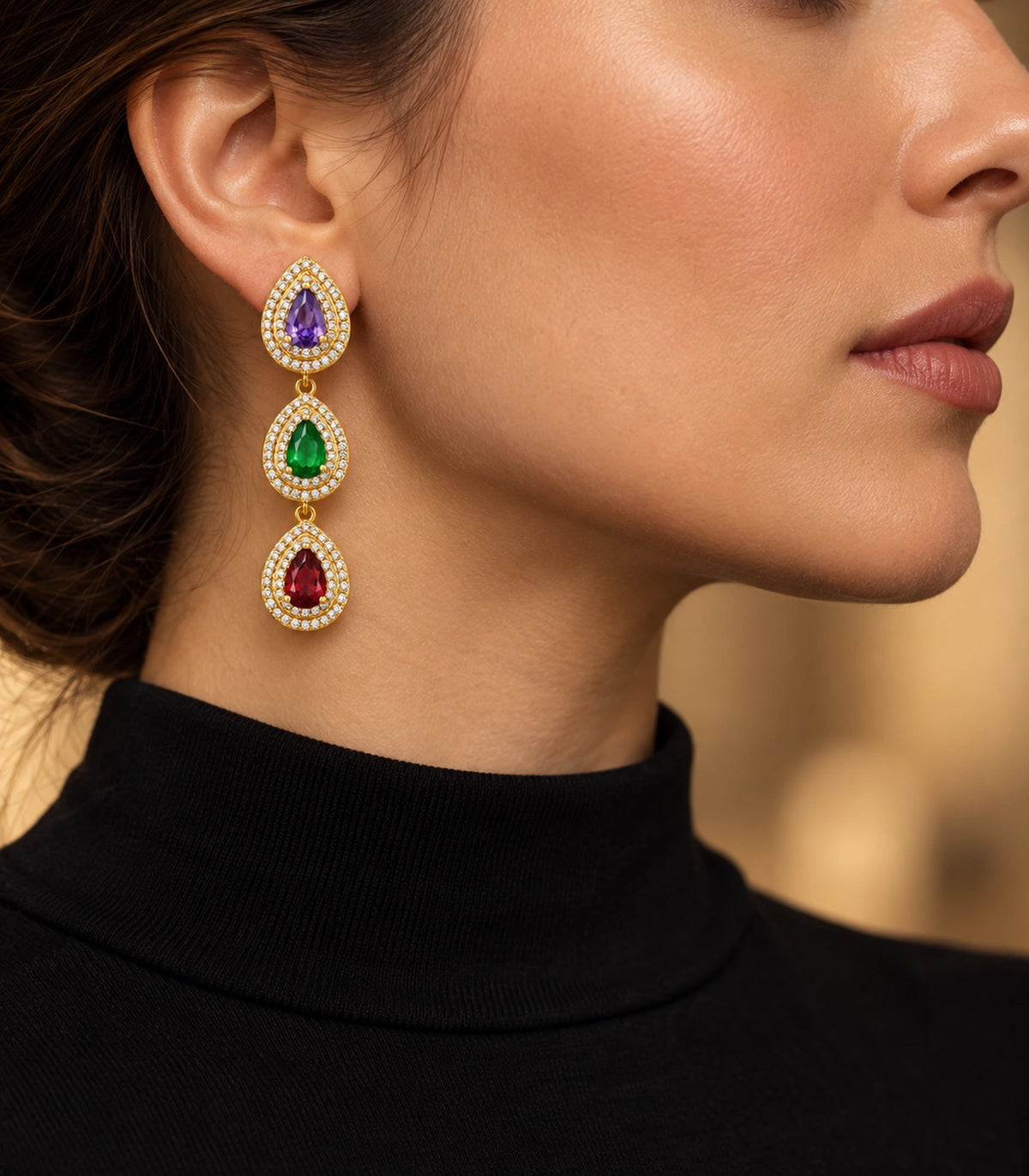 JIMIKI Gold-Tone Purple Green Red Triple-Teardrop Halo Earrings in Gold Tone / Purple, Green & Red, editorial model view