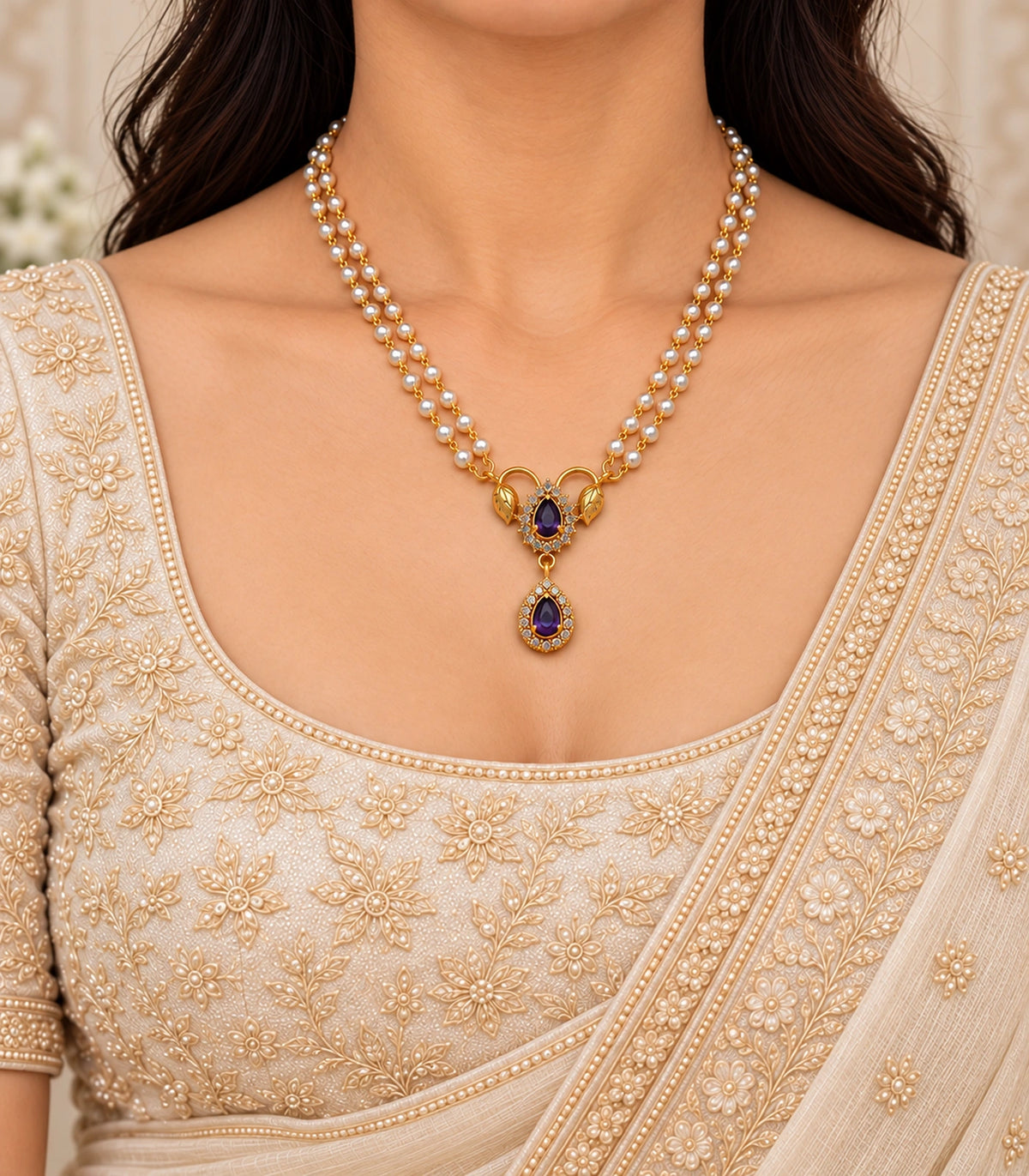 One purple leaf pendant necklace with twin white bead strands worn with a modest cream saree and blouse; ears and eyes outside frame.