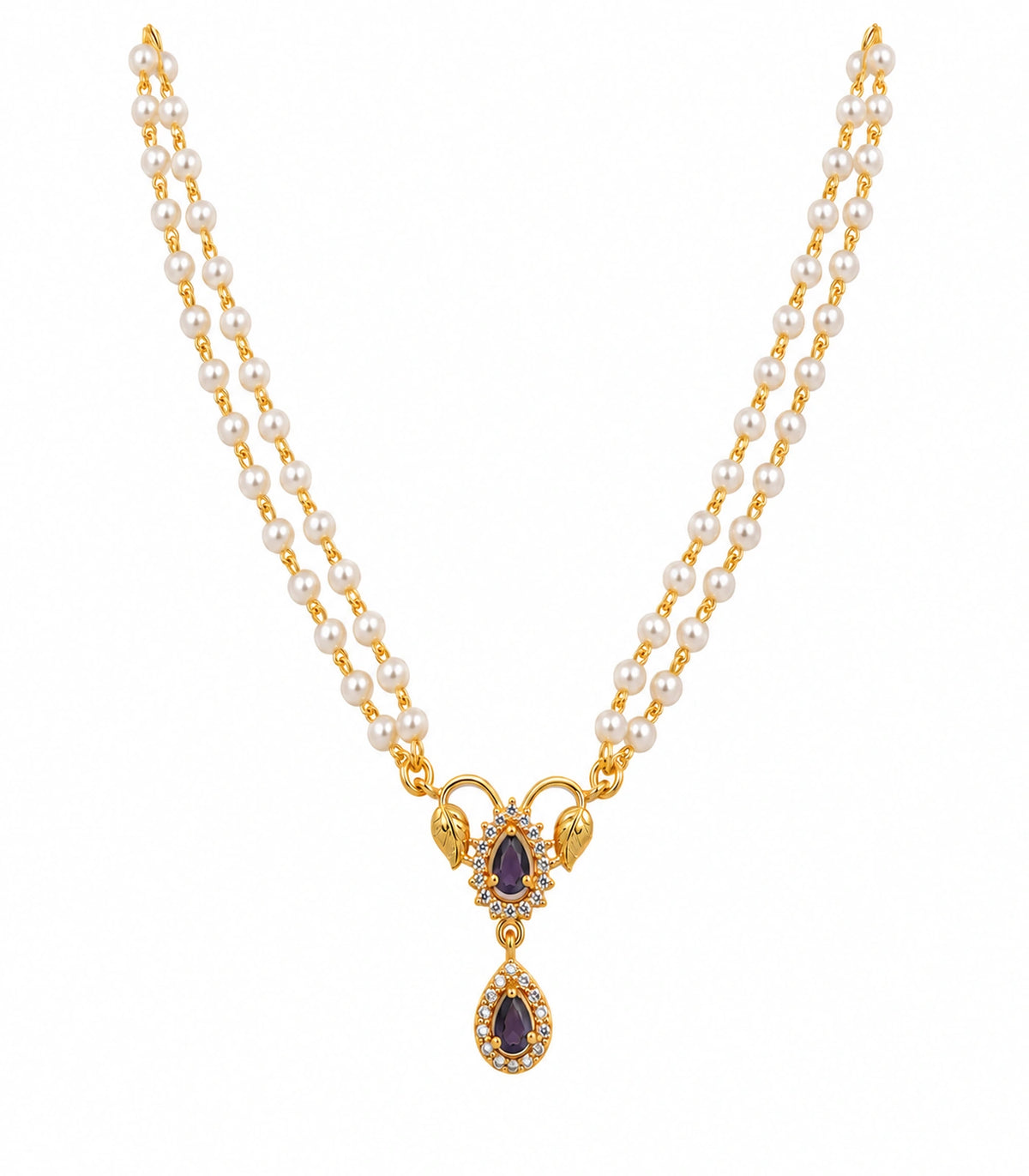 One gold-tone necklace with twin white pearl-style bead strands, two gold leaf motifs and two purple teardrop accents on white.