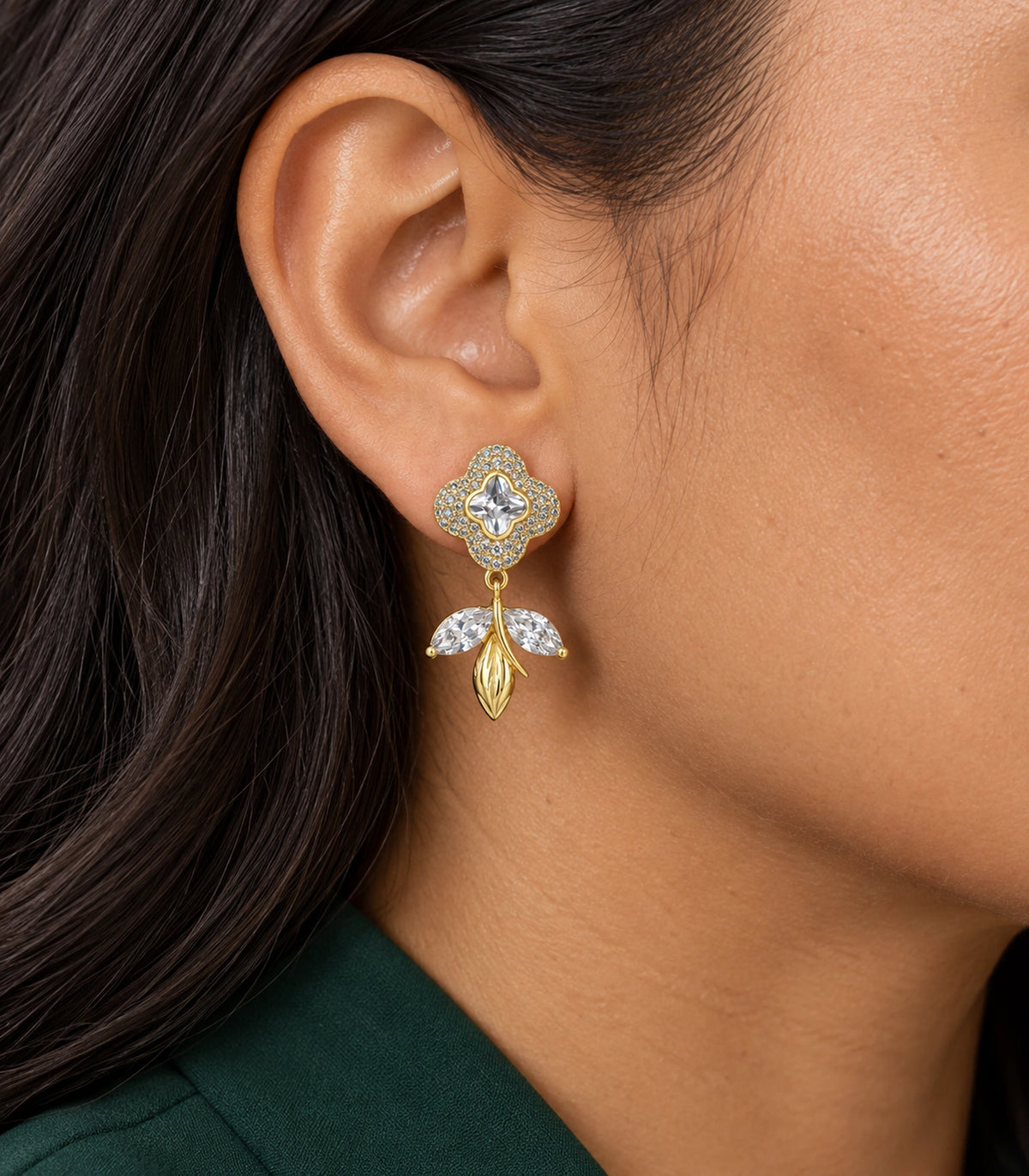 JIMIKI Quatrefoil Crystal Leaf Drop Earring Pair in Gold Tone, close-up detail #color_gold tone