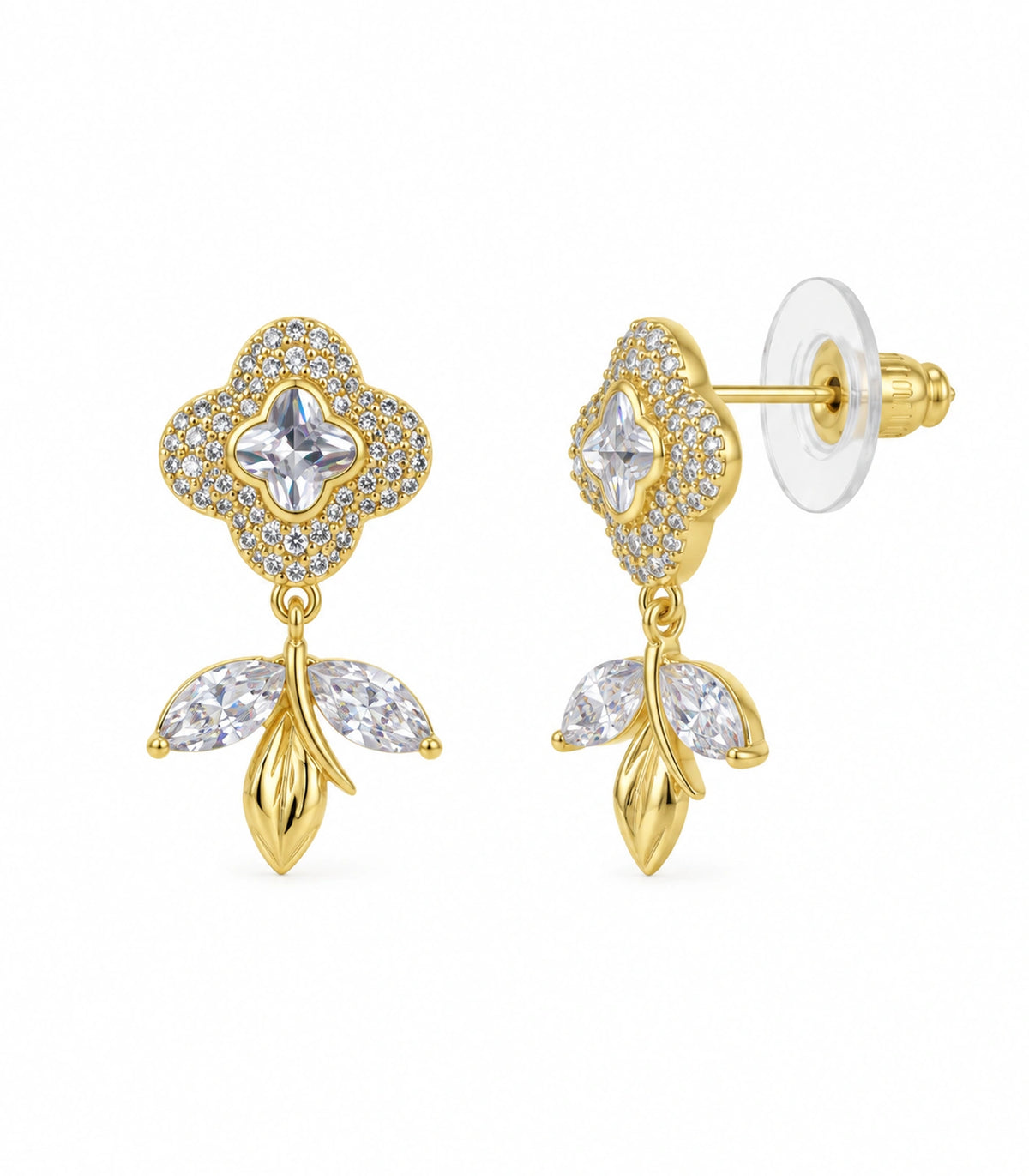 JIMIKI Quatrefoil Crystal Leaf Drop Earring Pair in Gold Tone, white background product view #color_gold tone