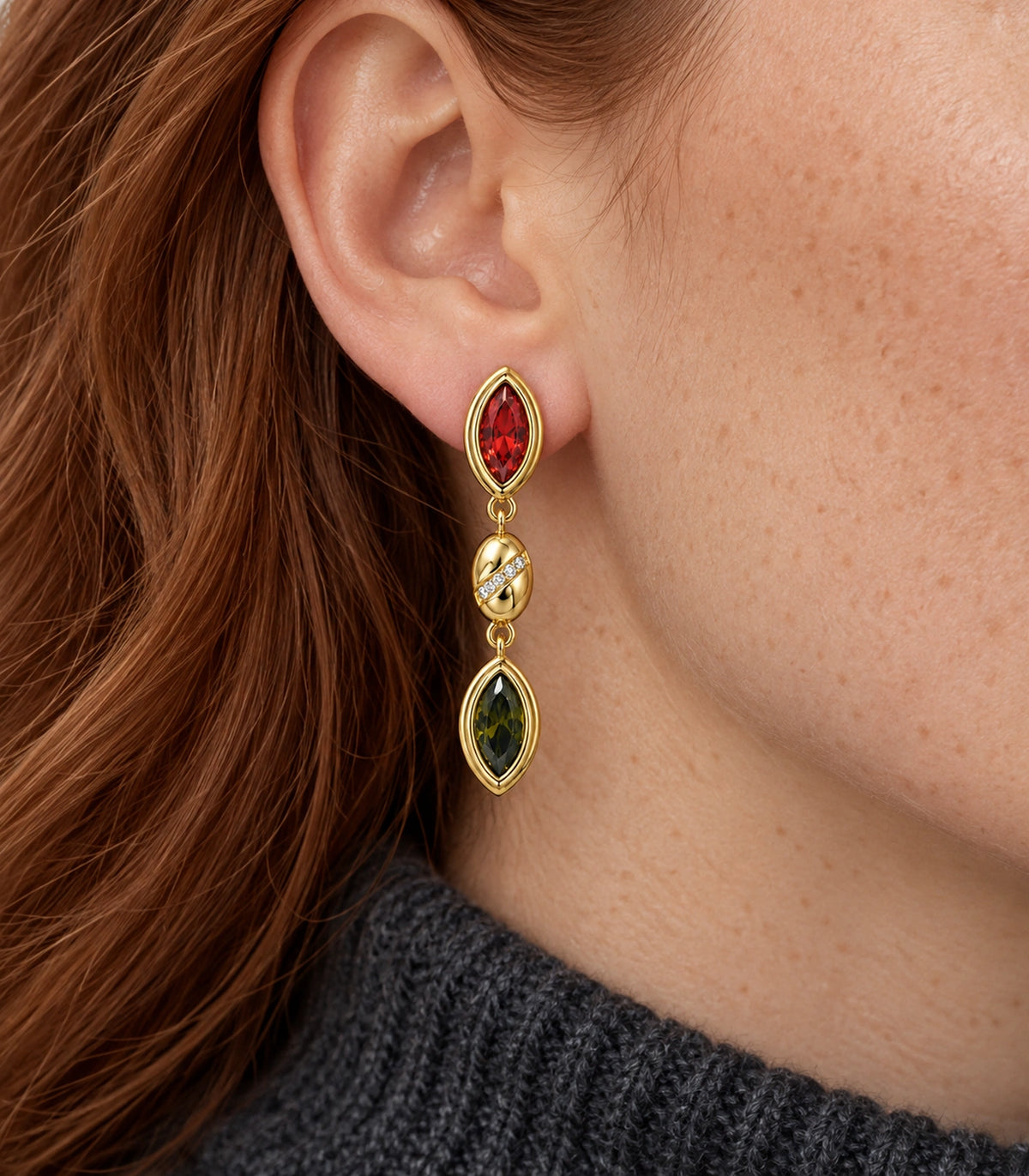 JIMIKI Marquise Crystal Oval Link Drop Earring Pair in Gold-tone / Red / Olive green, close-up detail #color_gold-tone / red / olive green