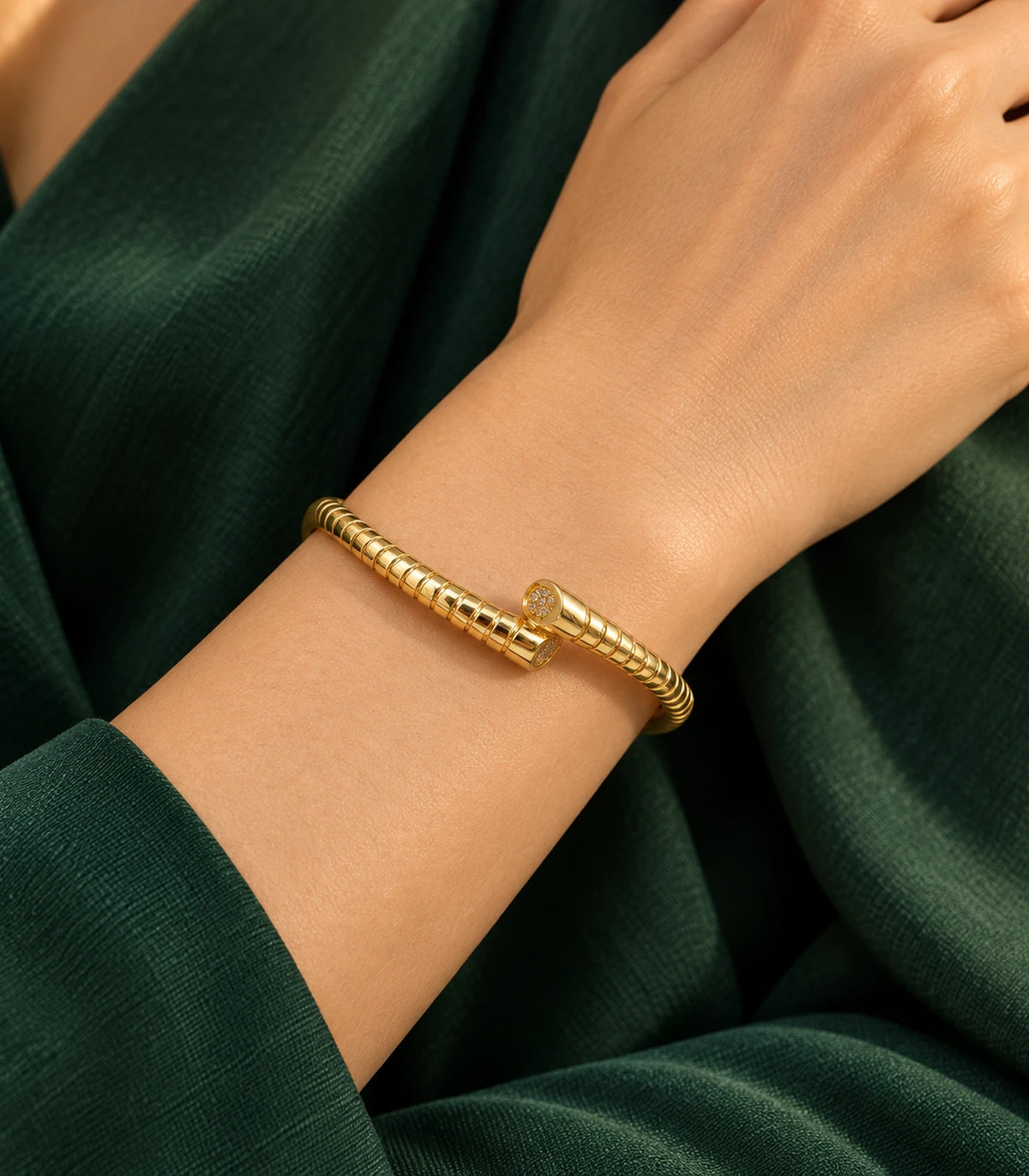 JIMIKI Gold-Tone Ribbed Pavé Tip Open Cuff Bangle — bangle styled with an outfit #color_gold-tone / clear