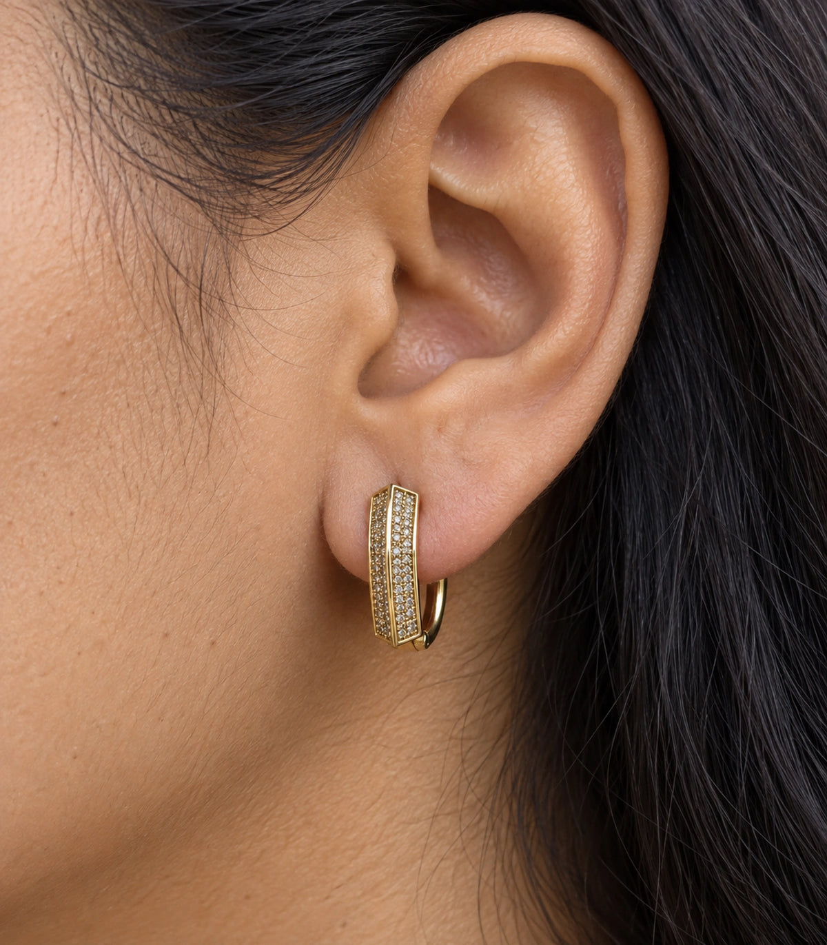 JIMIKI ridged pave hinged hoop earring pair in gold tone, close-up detail #color_gold tone