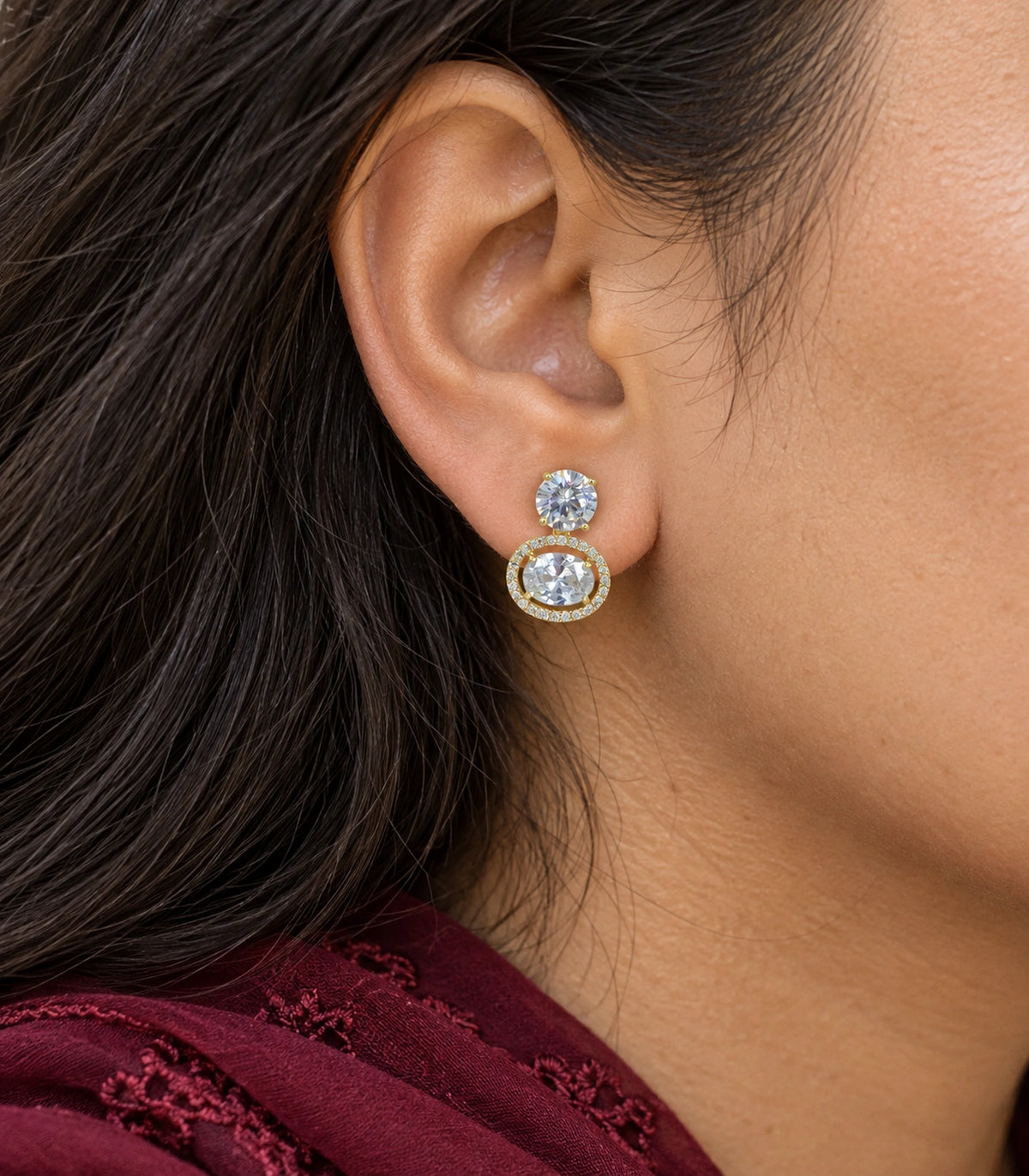 JIMIKI Gold Tone Round Crystal Halo Drop Earring Pair in Gold-tone, close-up detail