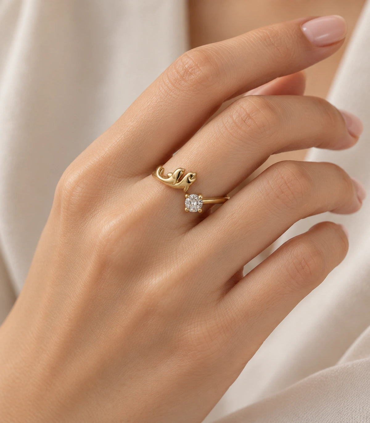 JIMIKI Gold Tone Round Crystal Sculptural Adjustable Ring in Gold Tone - worn styling view #color_gold-tone