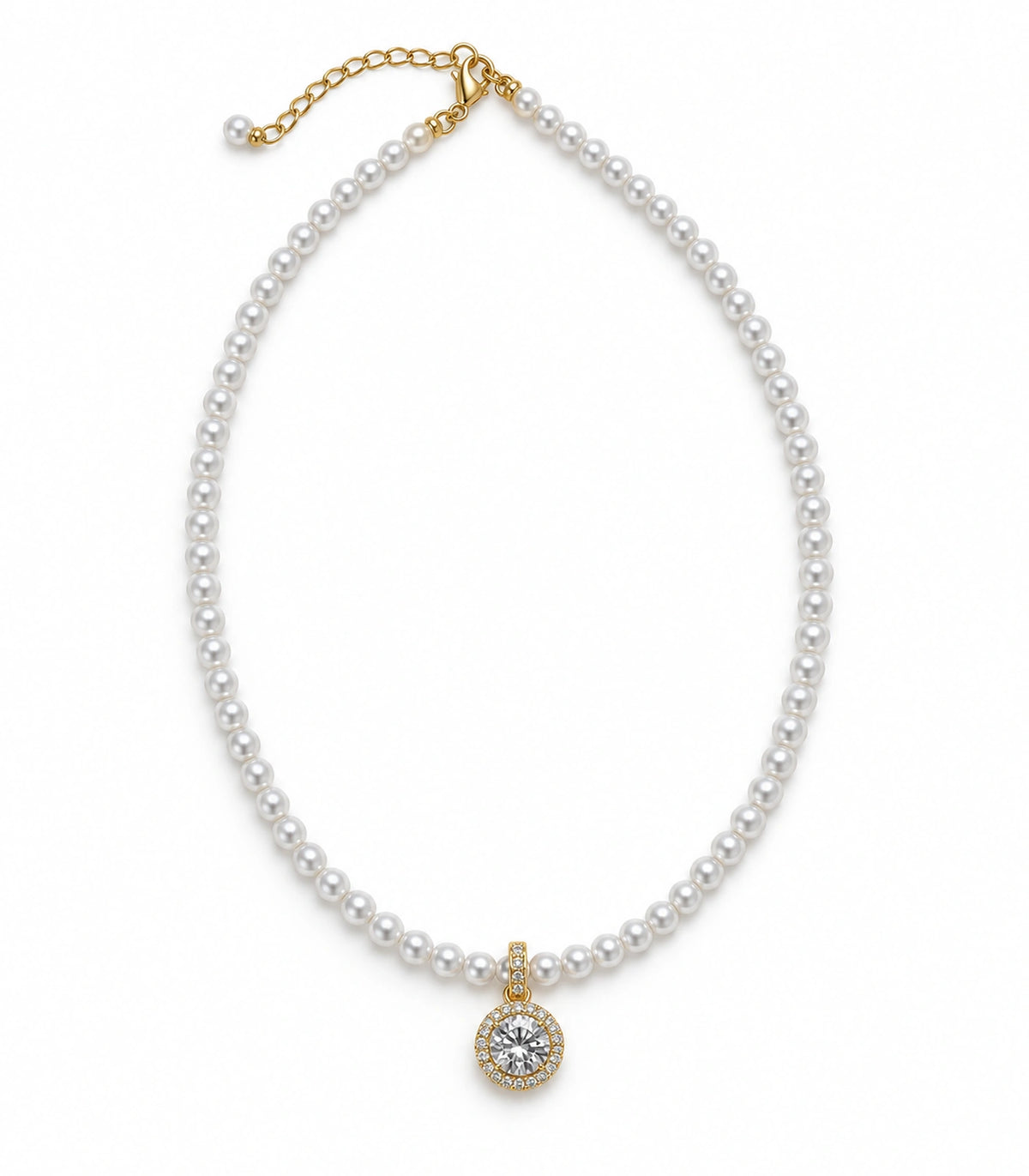 JIMIKI Gold Tone Round Halo Crystal Pearl Style Necklace in Gold tone / white, white background product view
