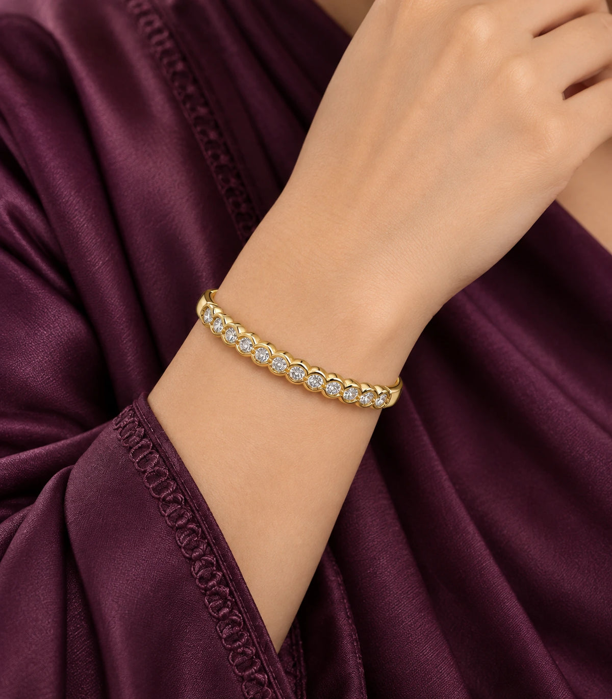 JIMIKI Gold-Tone Scalloped Bezel Crystal Bangle — bangle styled with an outfit #color_gold-tone / clear