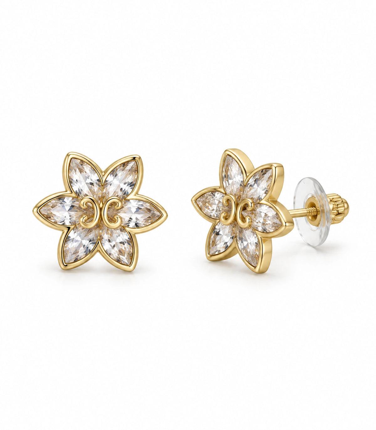 JIMIKI Gold-Tone Six-Petal Crystal Flower Stud Earrings in Gold / Clear, white background product view