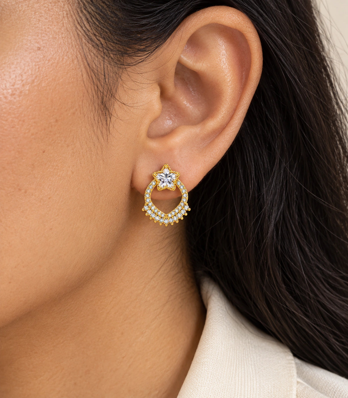 JIMIKI Star Crystal Open Loop Stud Earring Pair in Gold tone, close-up detail #color_gold tone