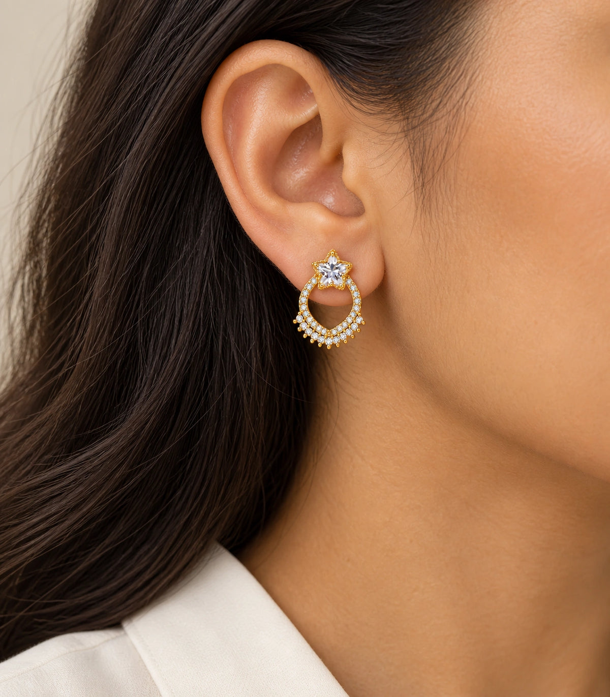 JIMIKI Star Crystal Open Loop Stud Earring Pair in Gold tone, model wearing view #color_gold tone