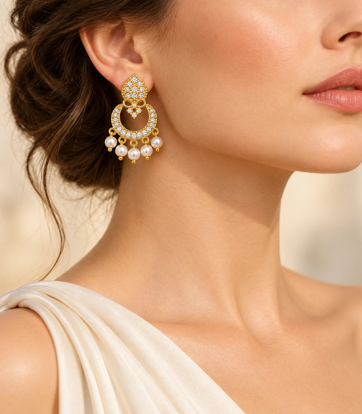 JIMIKI Gold-Tone Teardrop Bow Pearl Chandbali Earrings — earrings styled with an outfit #color_gold-tone / white