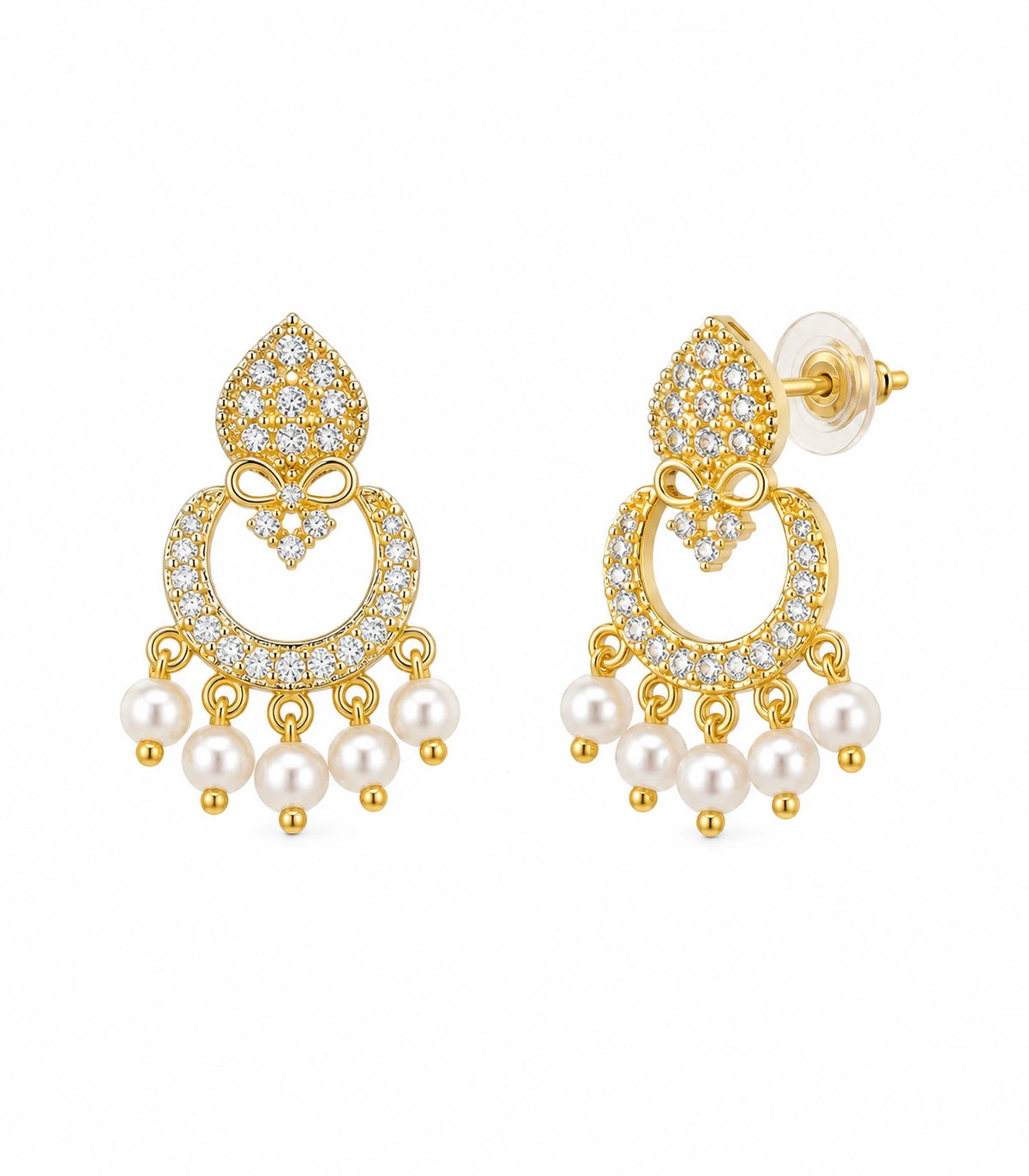 JIMIKI Gold-Tone Teardrop Bow Pearl Chandbali Earrings — pair on white background #color_gold-tone / white