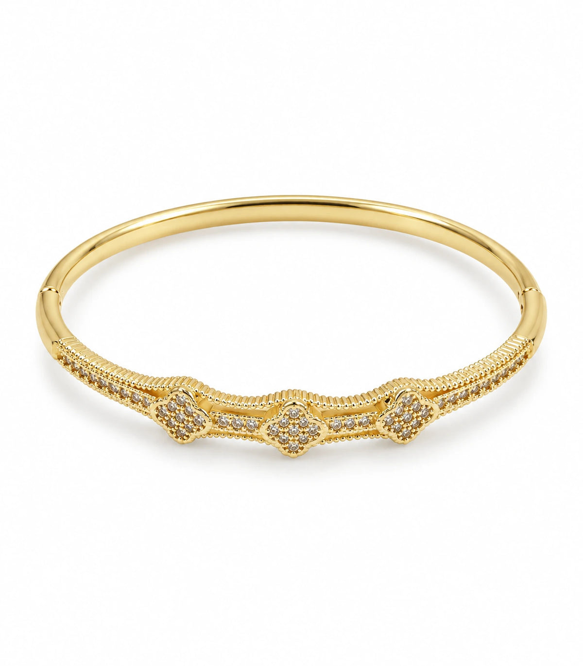 JIMIKI Gold-Tone Three Clover Pavé Bangle — bangle on white background #color_gold-tone / clear