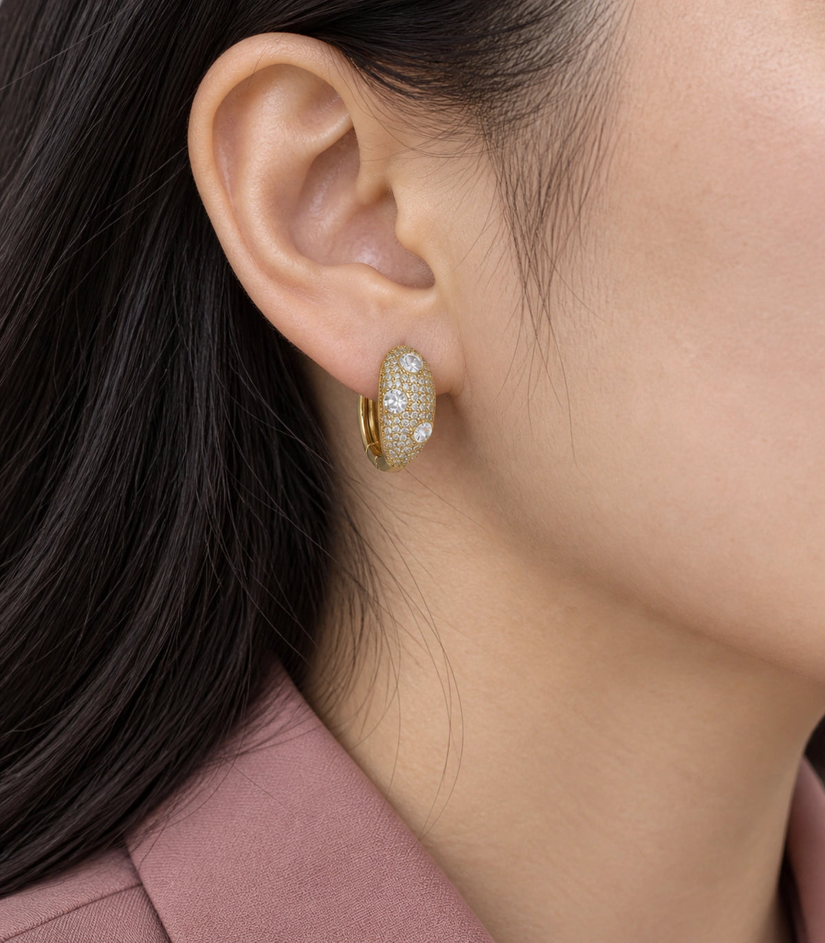 JIMIKI Three Crystal Domed Pave Hoop Earring Pair in Gold Tone, close-up detail #color_gold tone