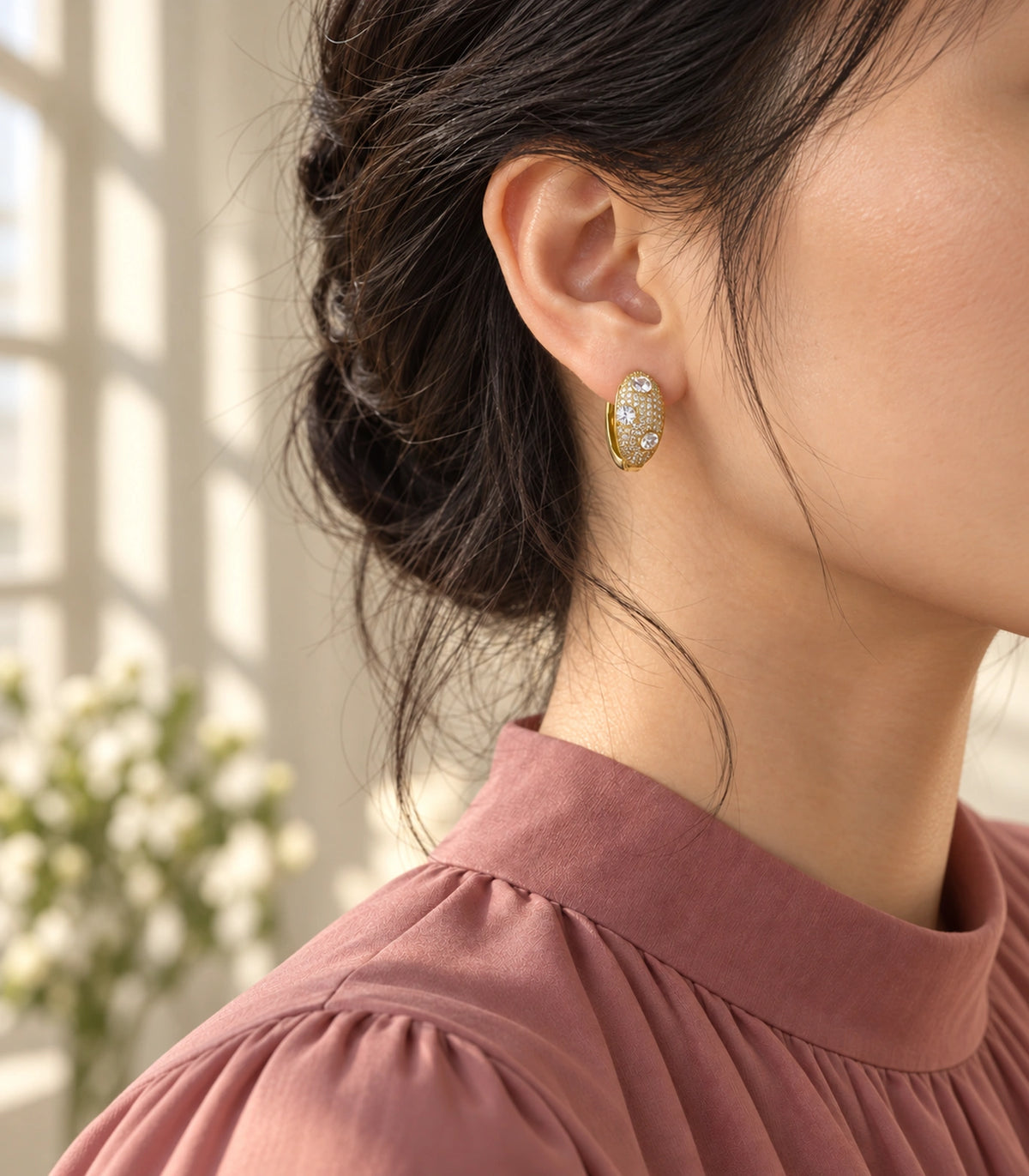 JIMIKI Three Crystal Domed Pave Hoop Earring Pair in Gold Tone, editorial model view #color_gold tone