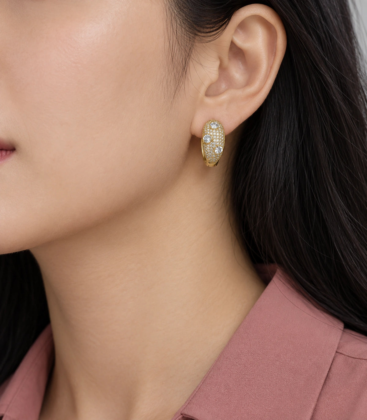 JIMIKI Three Crystal Domed Pave Hoop Earring Pair in Gold Tone, model wearing view #color_gold tone