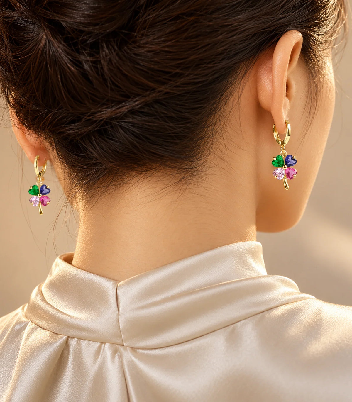 Gold-tone three-pair ball, heart crystal and multicolour clover hoop set — editorial-model #Color_Gold Tone