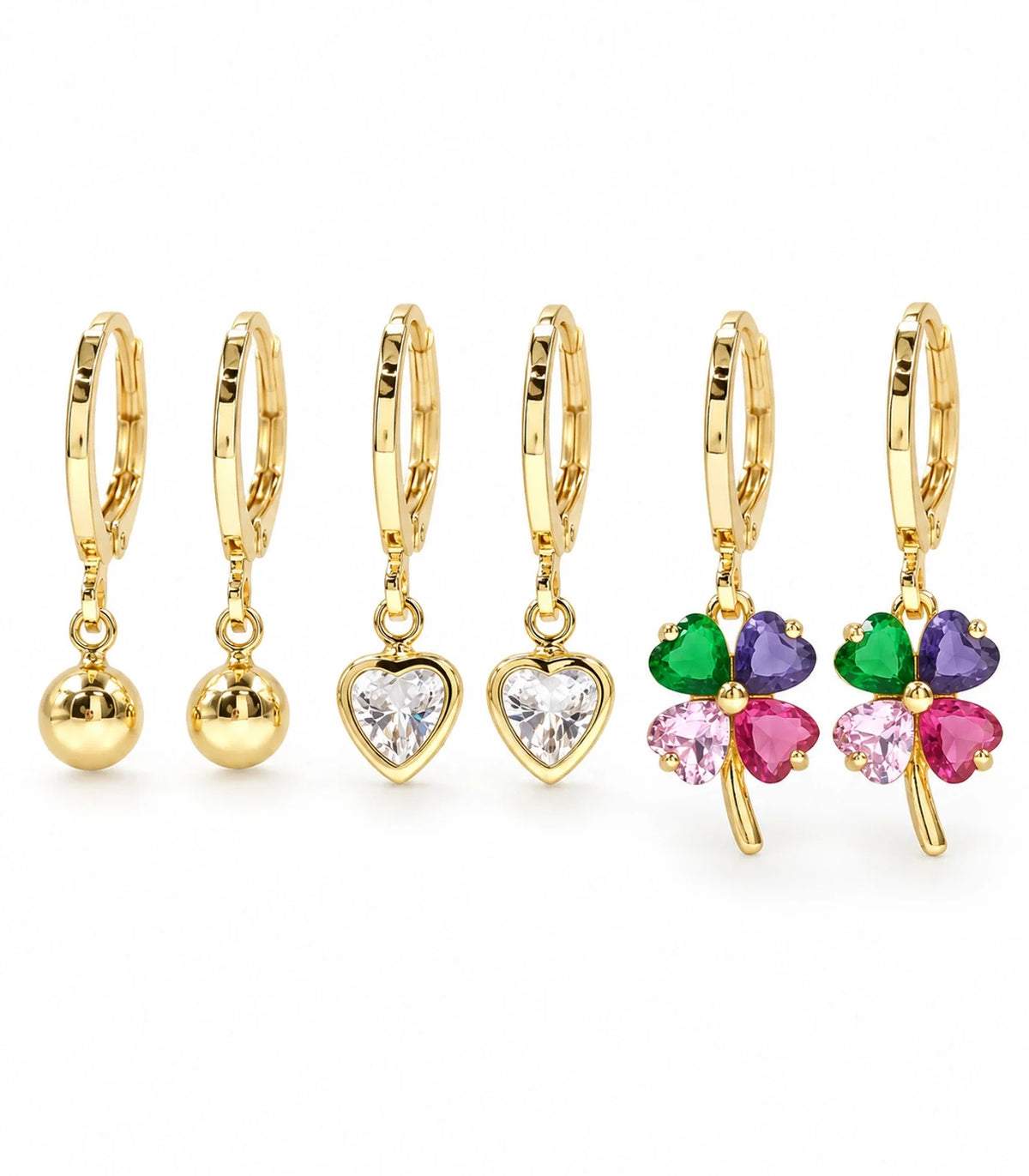 Three pairs of gold-tone ball, heart crystal and multicolour clover charm hoop earrings #Color_Gold Tone