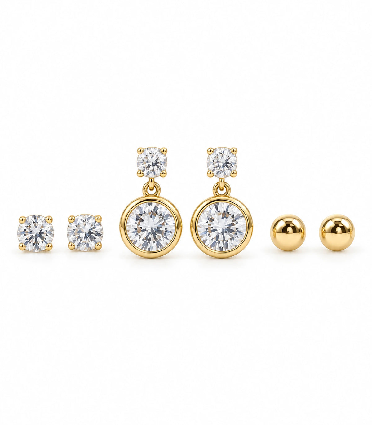 Complete gold-tone three-pair earring set: crystal studs, linked round crystal drops and ball studs