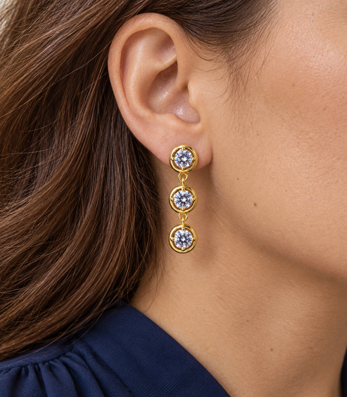 JIMIKI Three Round Crystal Drop Earring Pair in Gold tone/Clear, close-up detail #color_gold tone/clear