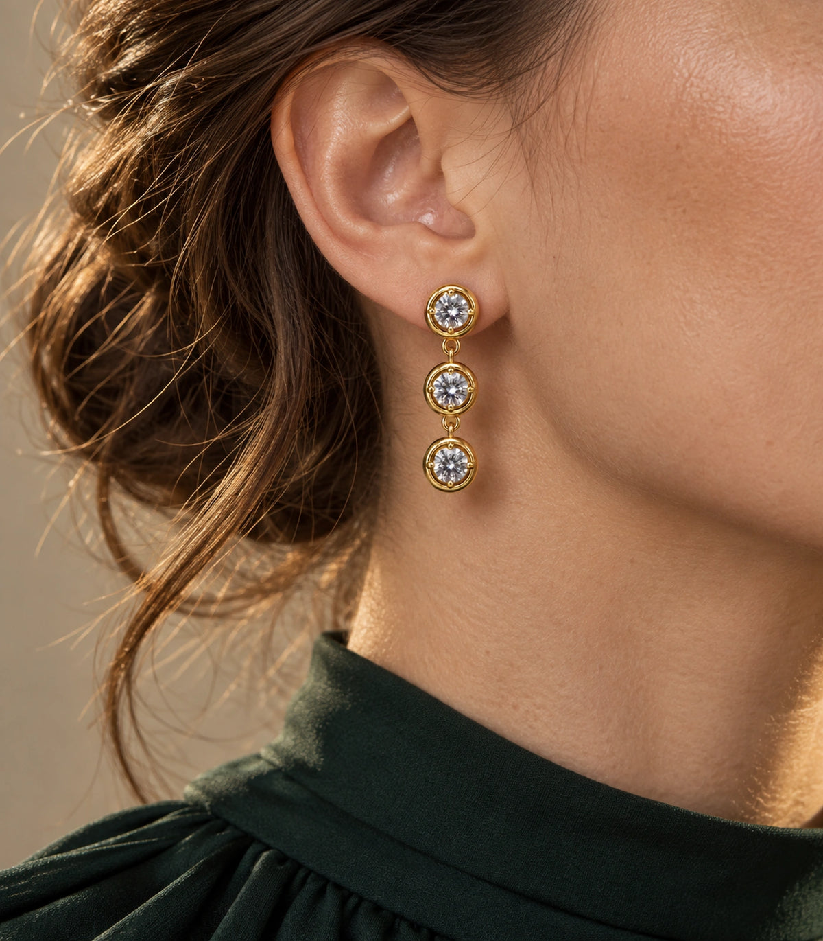 JIMIKI Three Round Crystal Drop Earring Pair in Gold tone/Clear, editorial model view #color_gold tone/clear