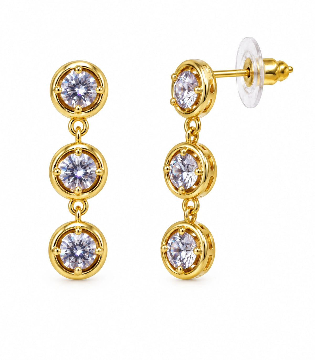 JIMIKI Three Round Crystal Drop Earring Pair in Gold tone/Clear, white background product view #color_gold tone/clear