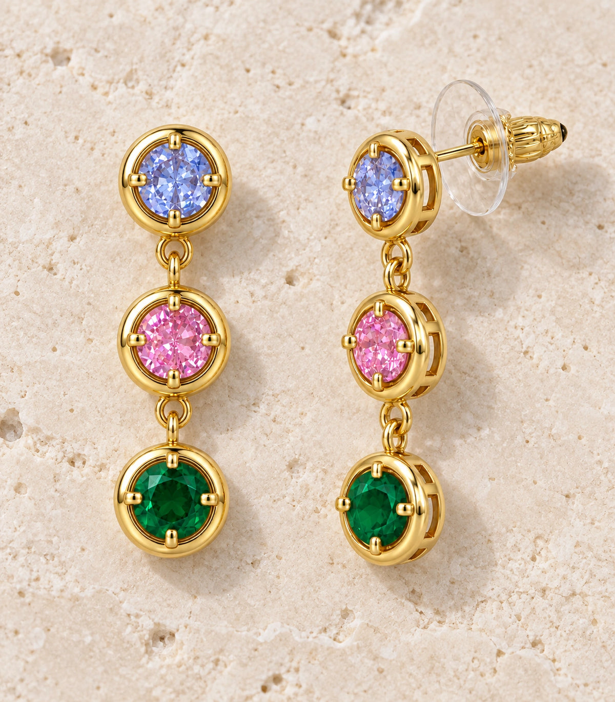JIMIKI Three Round Crystal Drop Earring Pair in Gold tone/Multicolour, editorial flat lay #color_gold tone/multicolour