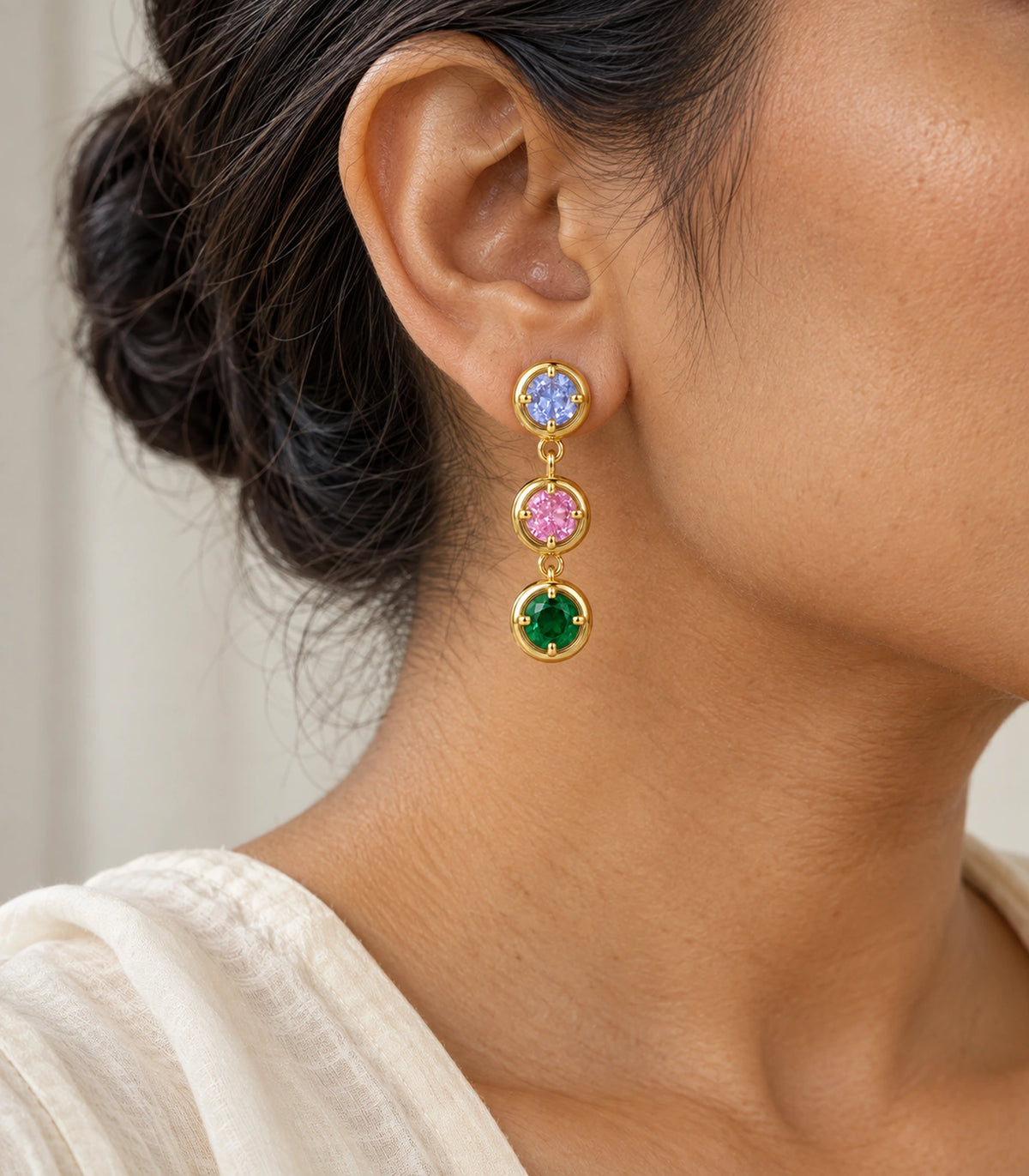 JIMIKI Three Round Crystal Drop Earring Pair in Gold tone/Multicolour, editorial model view #color_gold tone/multicolour