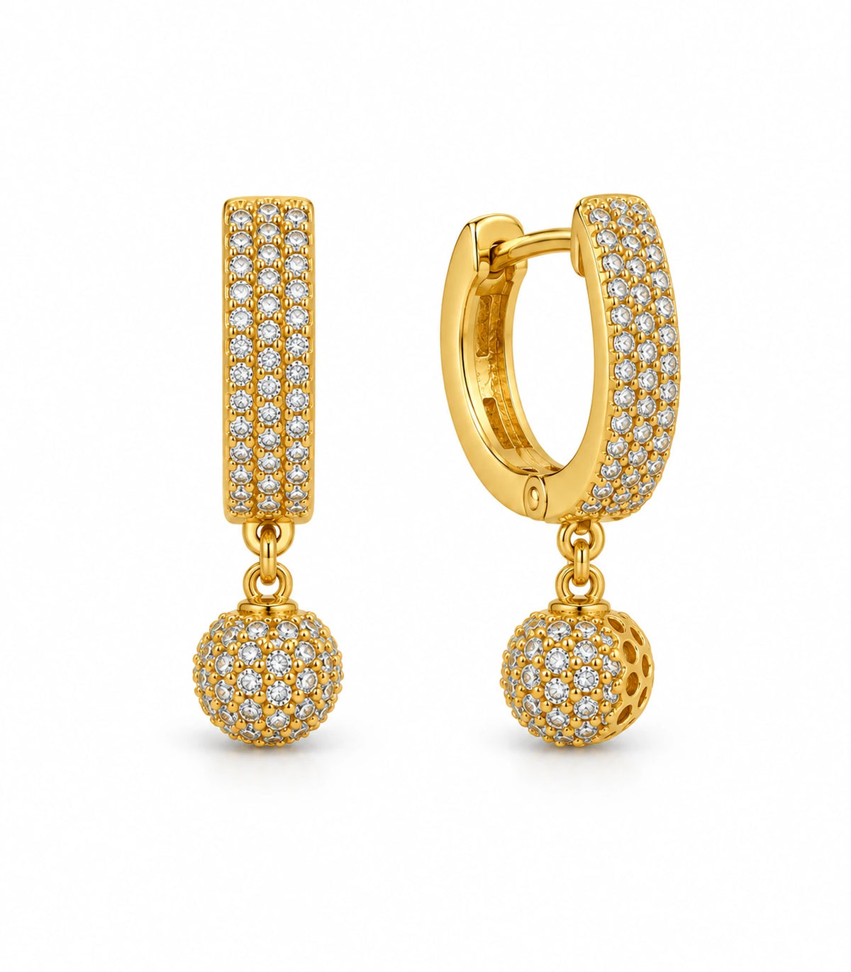 JIMIKI Gold-Tone Three-Row Pavé Ball Drop Huggie Earrings — pair on white background #color_gold-tone / clear