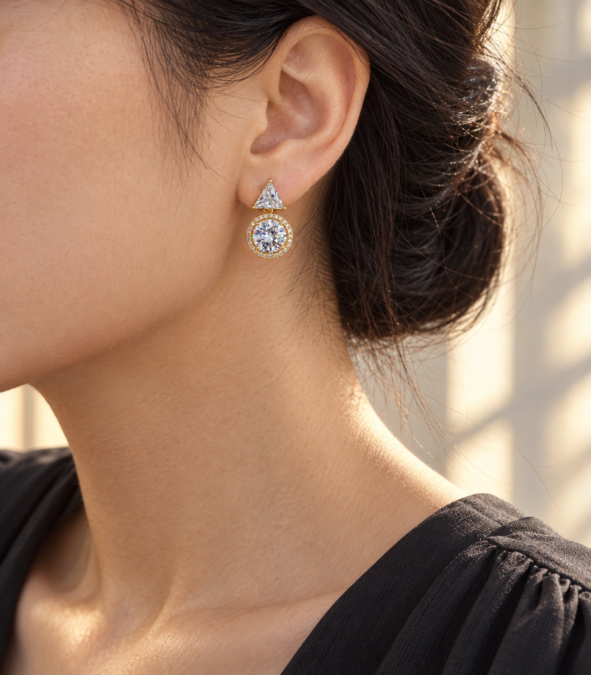 JIMIKI Triangle Round Halo Crystal Drop Earring Pair in Gold Tone, editorial model view #color_gold tone