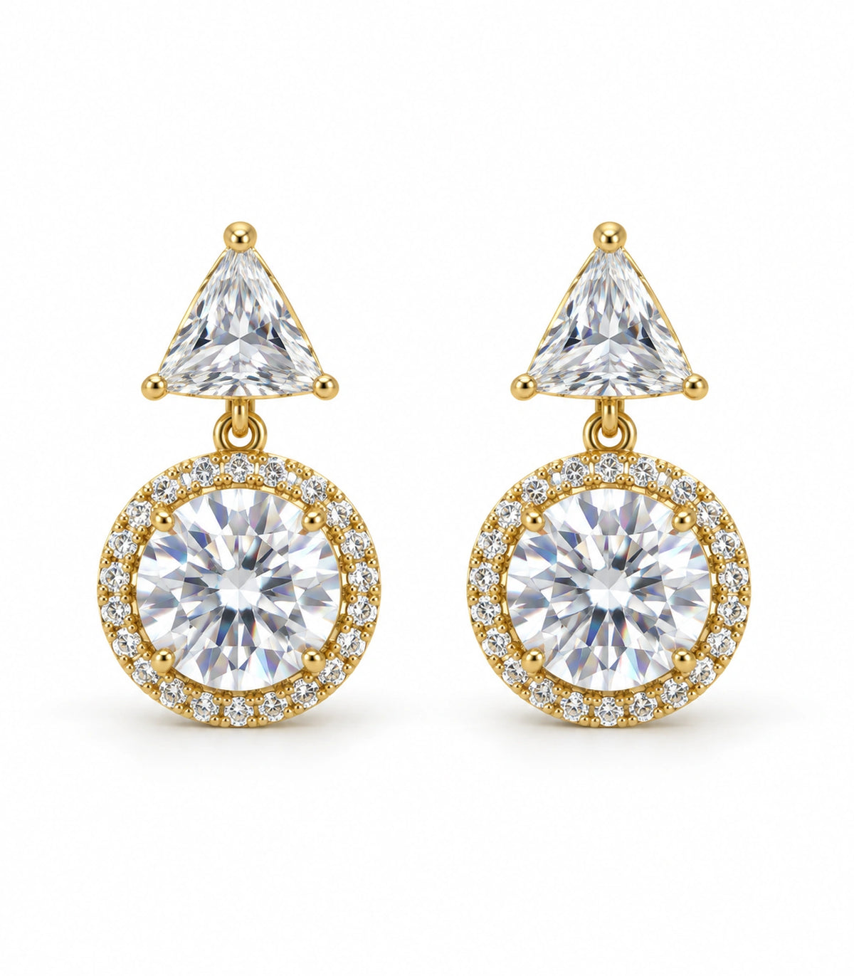 JIMIKI Triangle Round Halo Crystal Drop Earring Pair in Gold Tone, white background product view #color_gold tone
