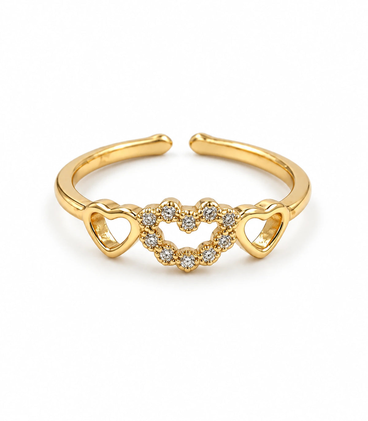 JIMIKI Triple Heart Crystal Adjustable Ring in Gold Tone - ring on white #color_gold-tone