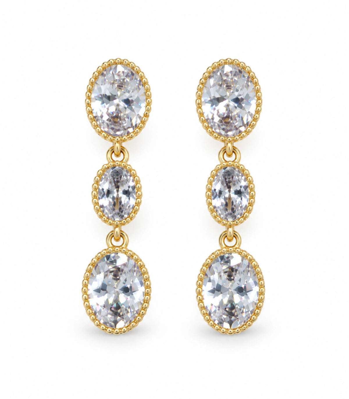 JIMIKI Triple Oval Crystal Drop Earrings in Gold Tone, white background product view #color_gold tone