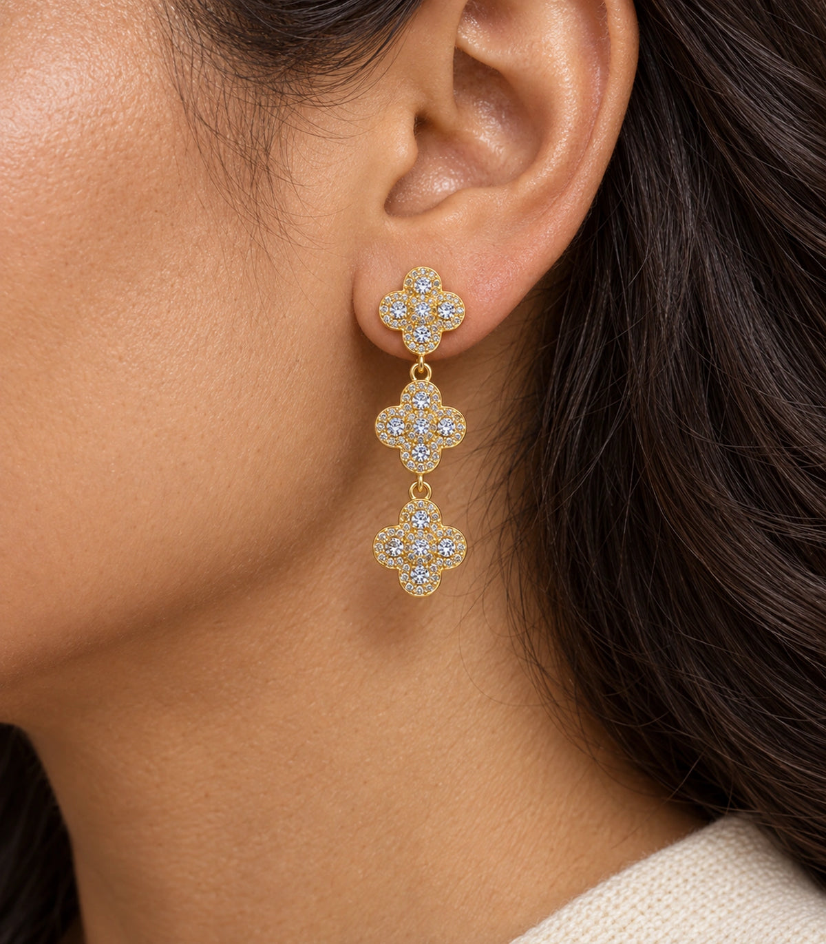 JIMIKI Pave Triple Quatrefoil Drop Earring Pair in Gold tone, close-up detail #color_gold tone