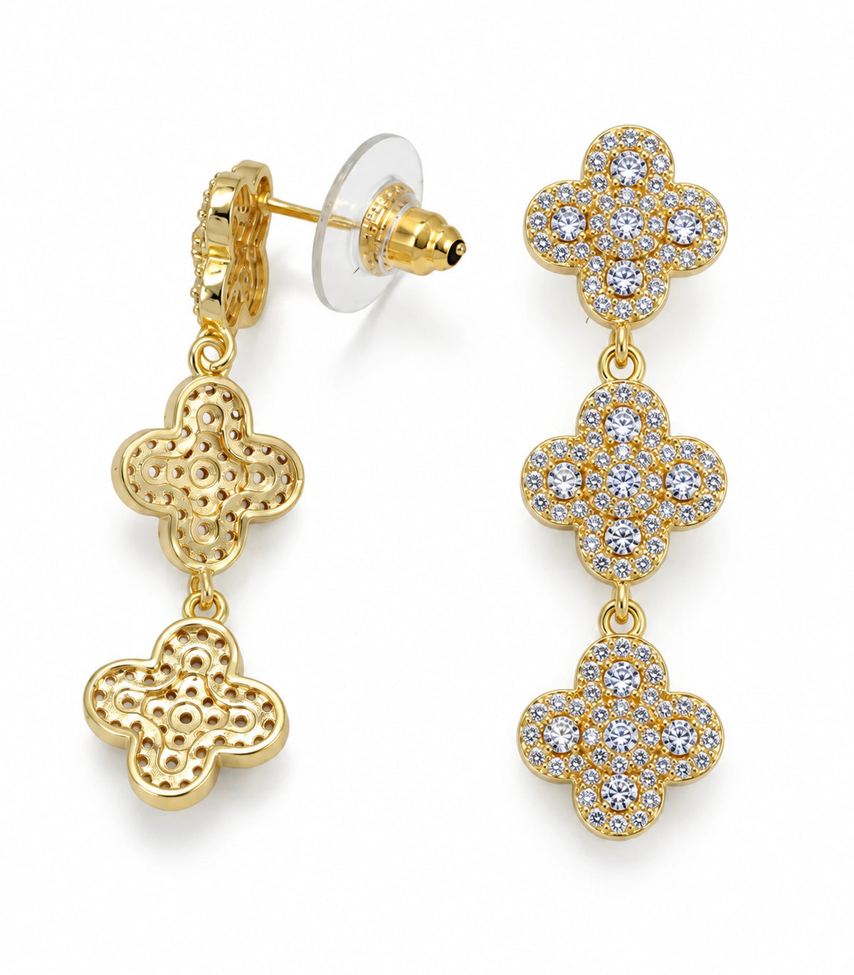 JIMIKI Pave Triple Quatrefoil Drop Earring Pair in Gold tone, white background product view #color_gold tone