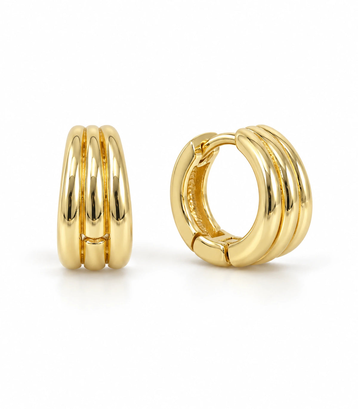 JIMIKI Triple-Ridge Huggie Hoop Earrings in Gold Tone - white-background #color_gold-tone