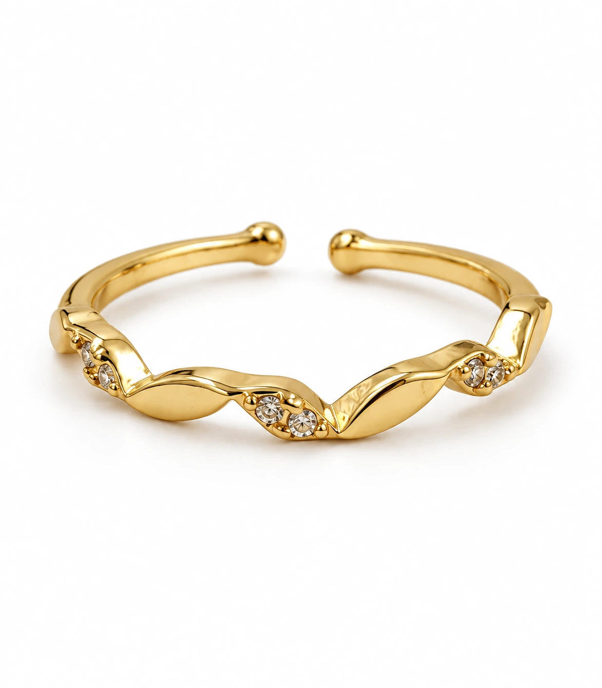 JIMIKI Gold Tone Twisted Leaf Crystal Adjustable Ring in Gold Tone - ring on white #color_gold-tone