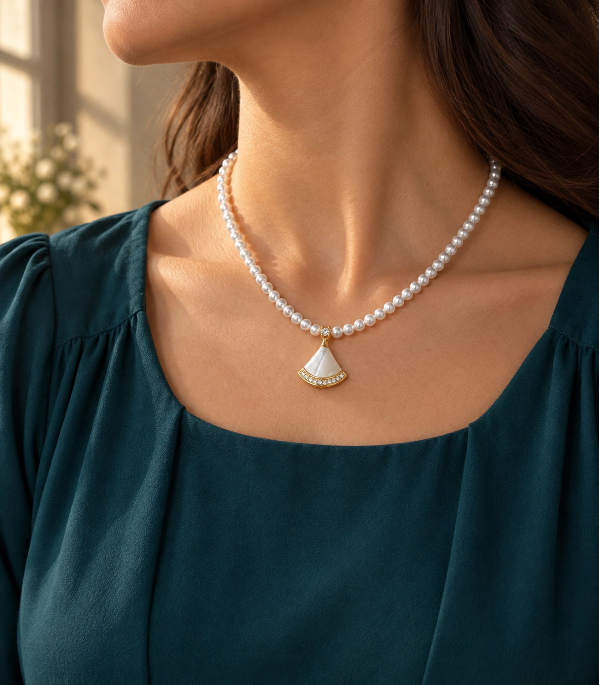JIMIKI Gold Tone White Fan Crystal Pearl Style Necklace in Gold tone / white, editorial model view