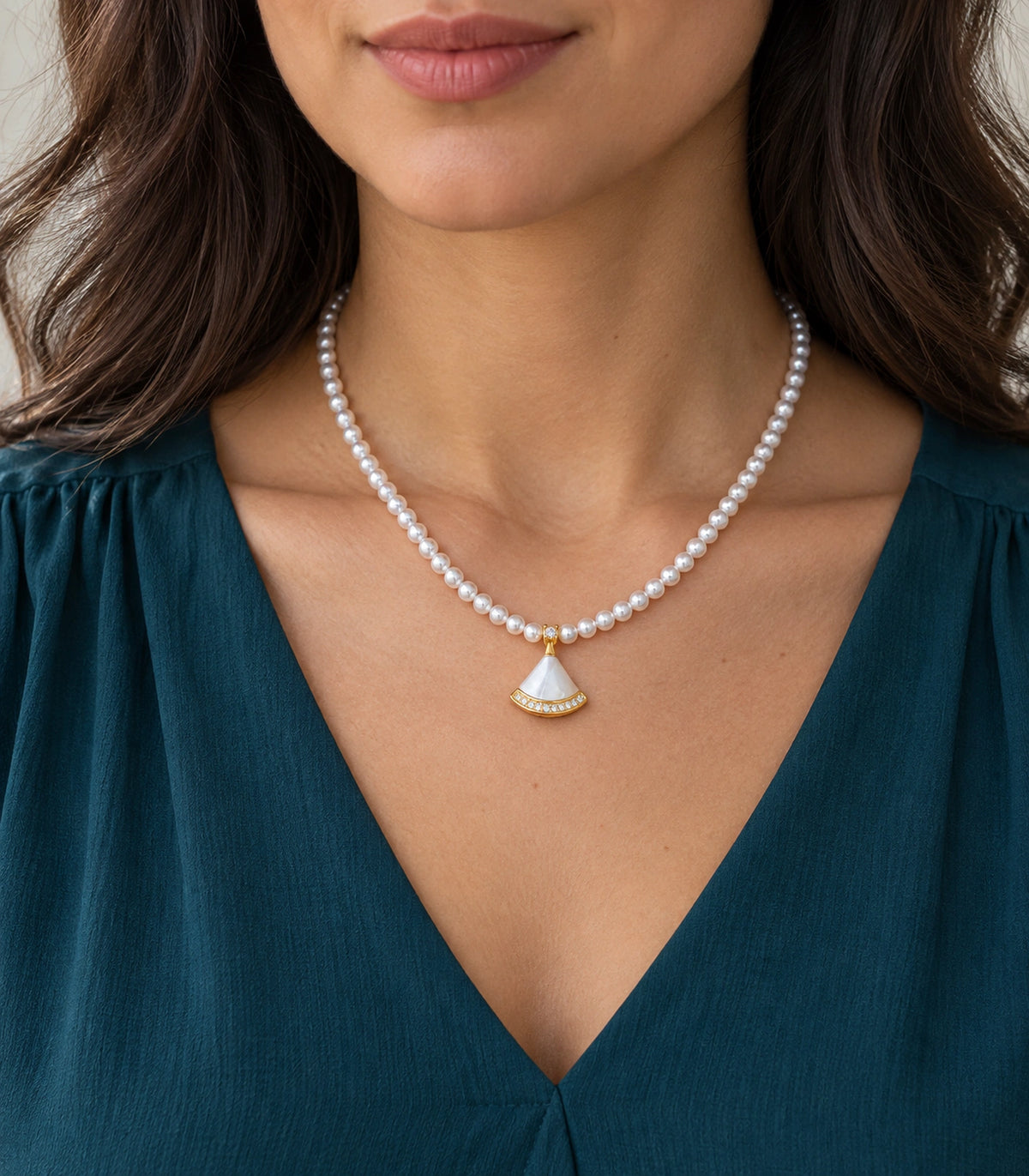 JIMIKI Gold Tone White Fan Crystal Pearl Style Necklace in Gold tone / white, model wearing view