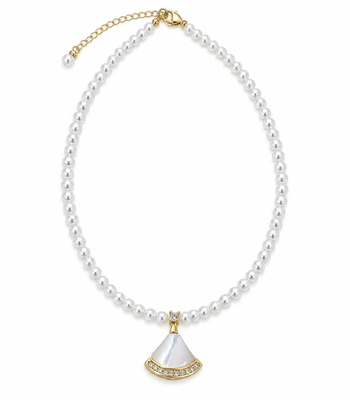 JIMIKI Gold Tone White Fan Crystal Pearl Style Necklace in Gold tone / white, white background product view