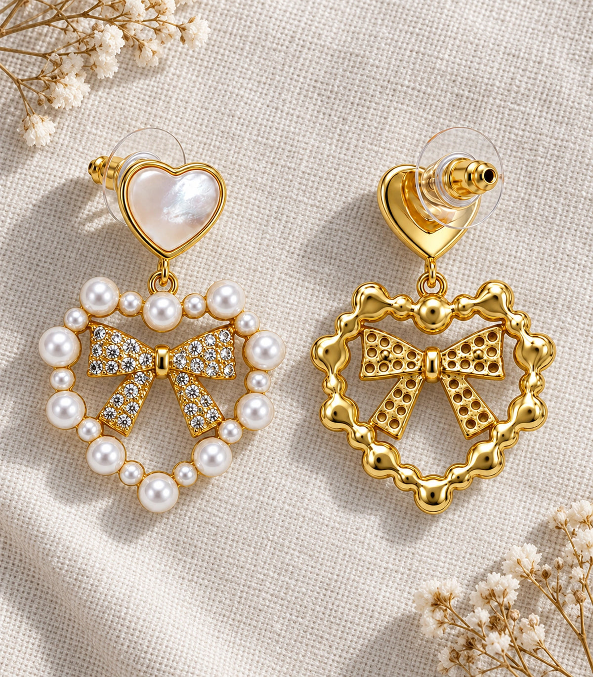 JIMIKI Heart Pearl Bow Drop Earring Pair in Gold Tone / White, editorial flat lay #color_gold tone / white