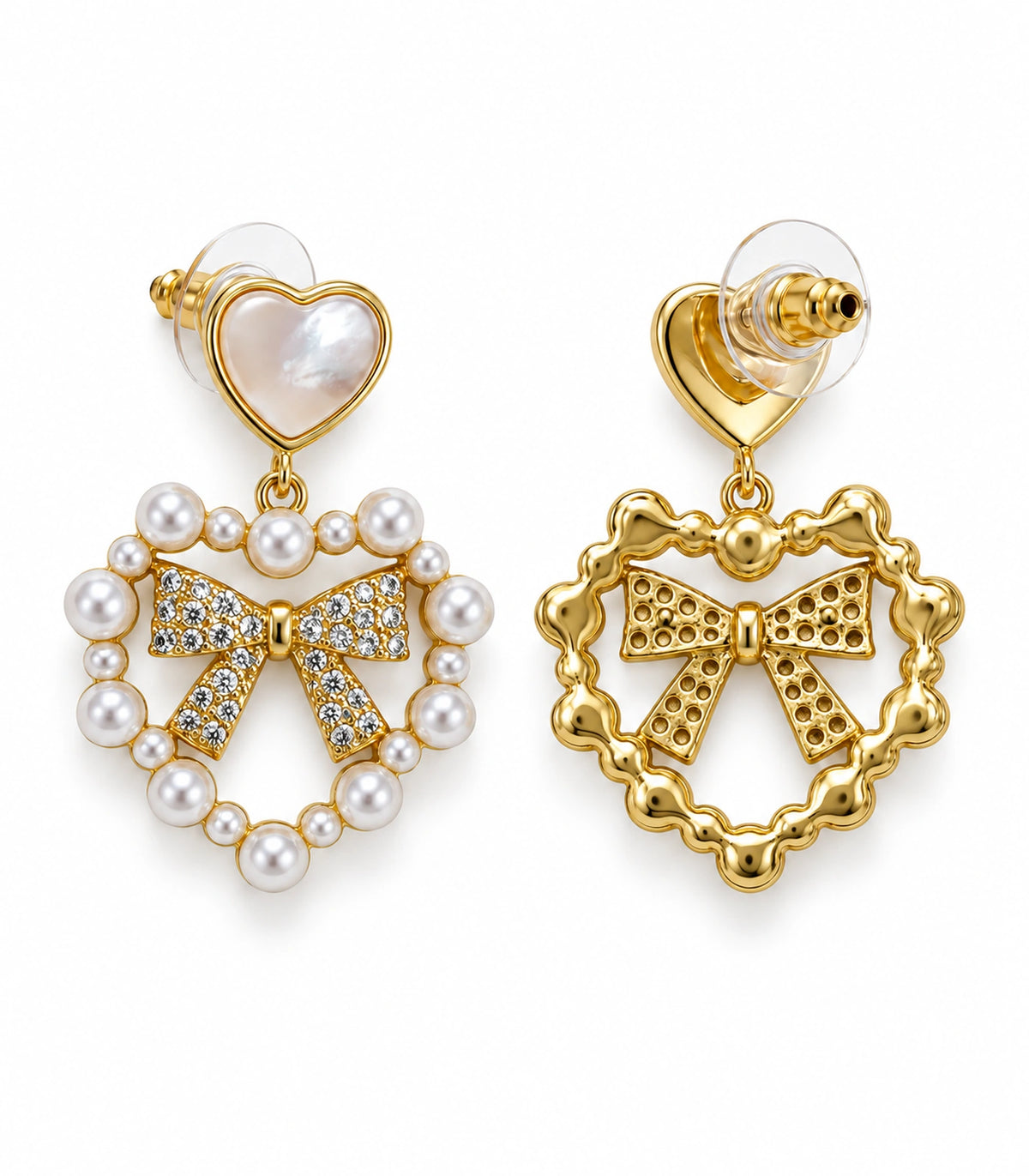 JIMIKI Heart Pearl Bow Drop Earring Pair in Gold Tone / White, white background product view #color_gold tone / white