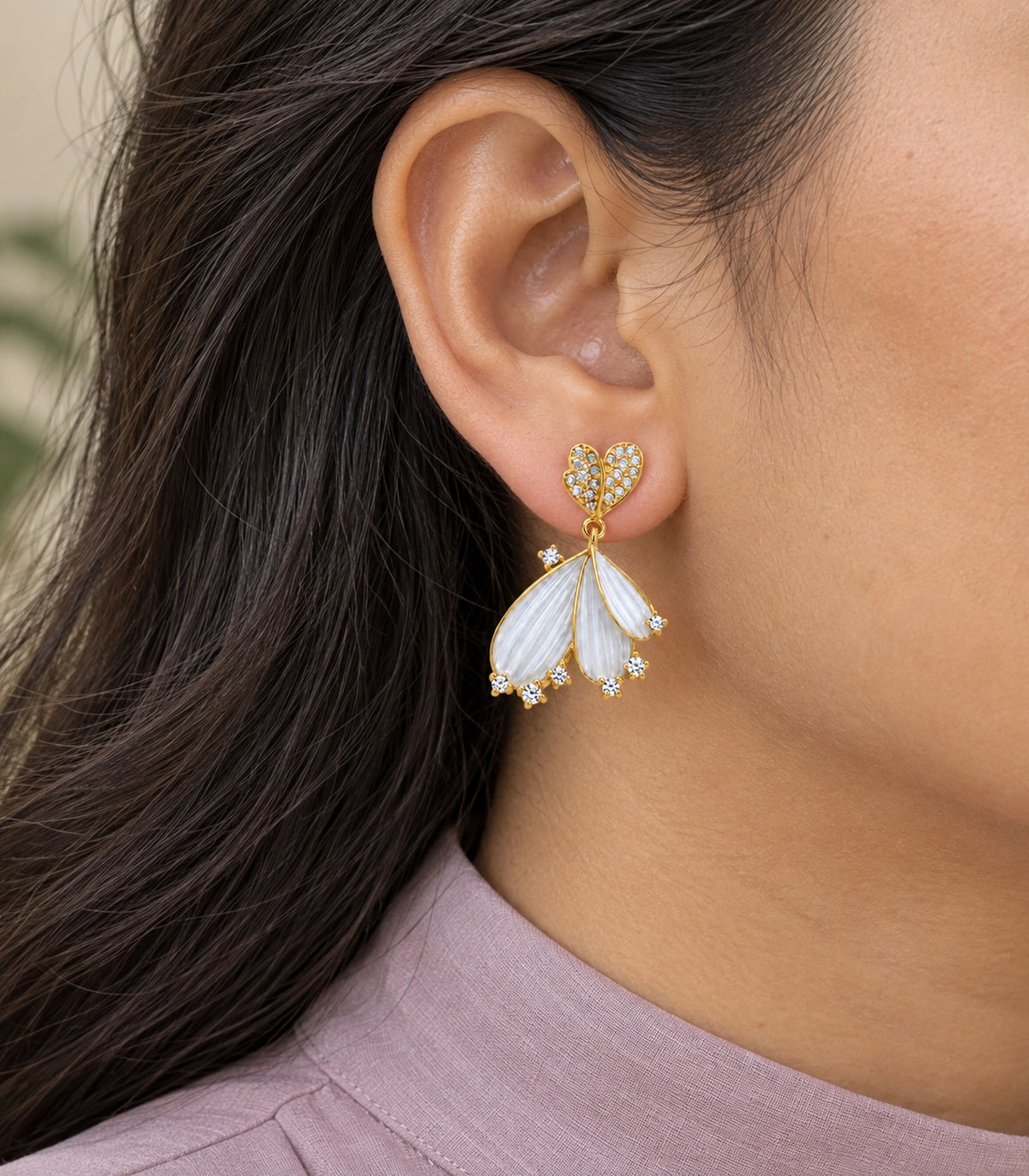 JIMIKI Ribbed Fan Crystal Drop Earring Pair in Gold tone, close-up detail #color_gold tone