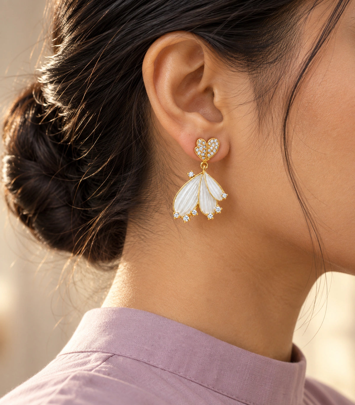 JIMIKI Ribbed Fan Crystal Drop Earring Pair in Gold tone, editorial model view #color_gold tone