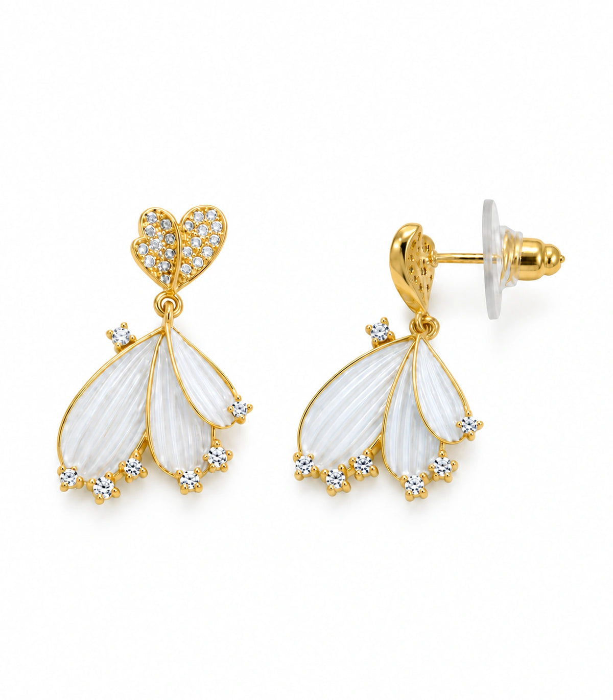 JIMIKI Ribbed Fan Crystal Drop Earring Pair in Gold tone, white background product view #color_gold tone